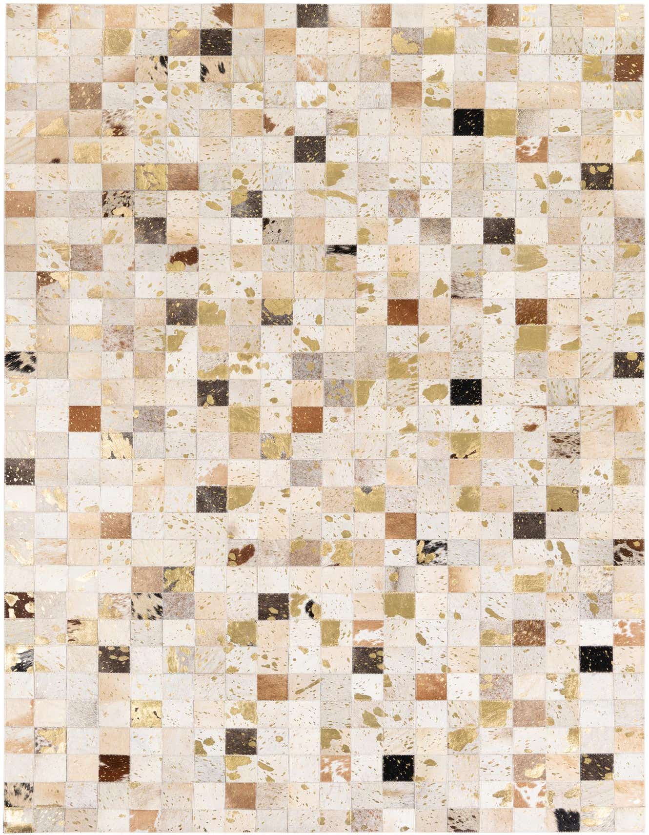 A rectangular 5x8 modern cowhide rug featuring a patchwork of multi-colored squares with gold metallic accents.