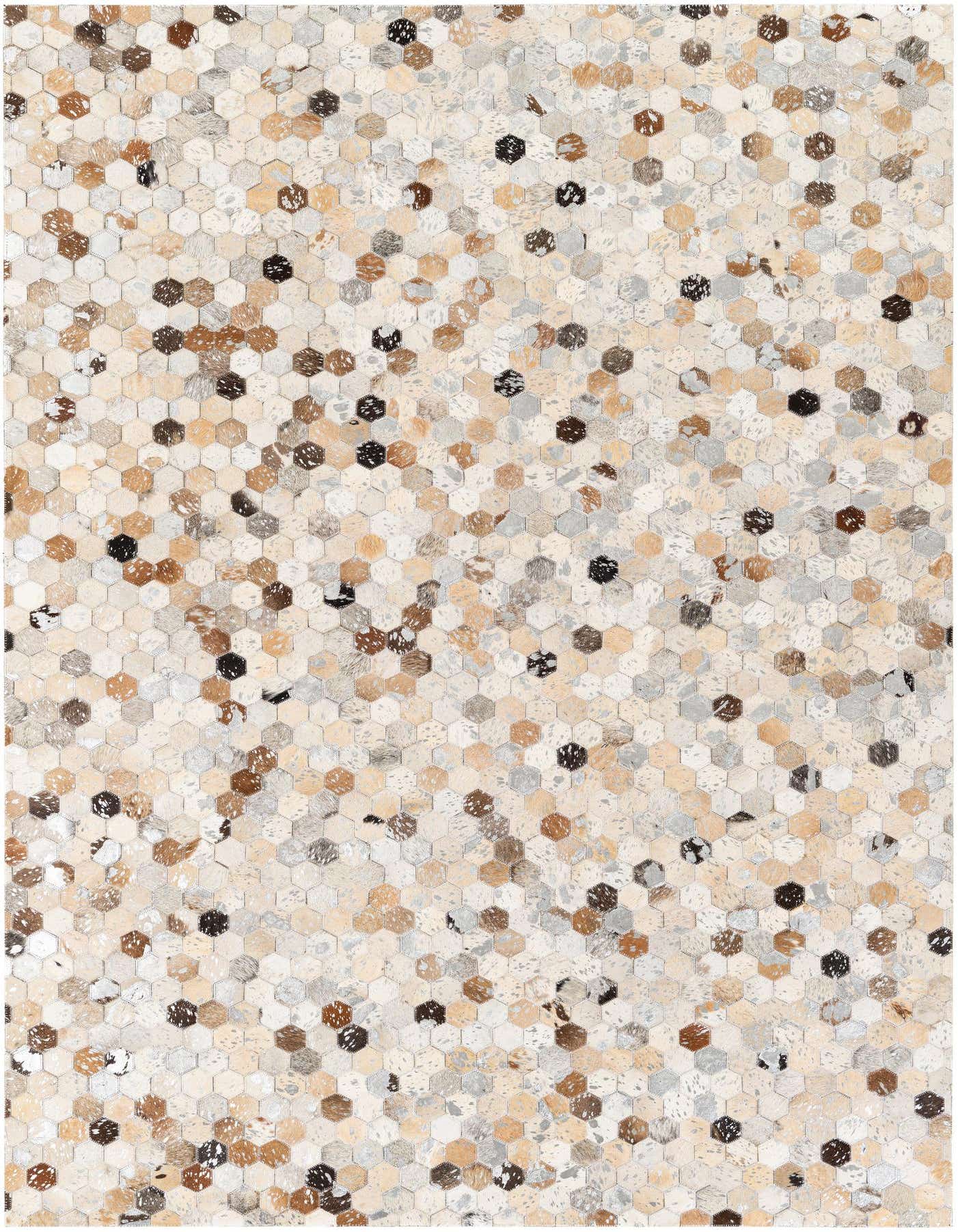 A 5x8 rectangular Cowhide Stocks rug featuring a modern multi-colored hexagonal patchwork pattern in natural brown, beige, and grey tones.