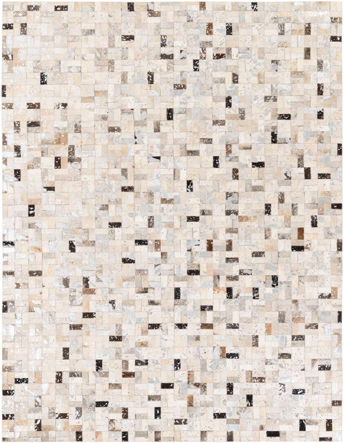A rectangular 5x8 modern cowhide rug featuring a multi-colored patchwork design with varying shades of white, beige, brown, and black.