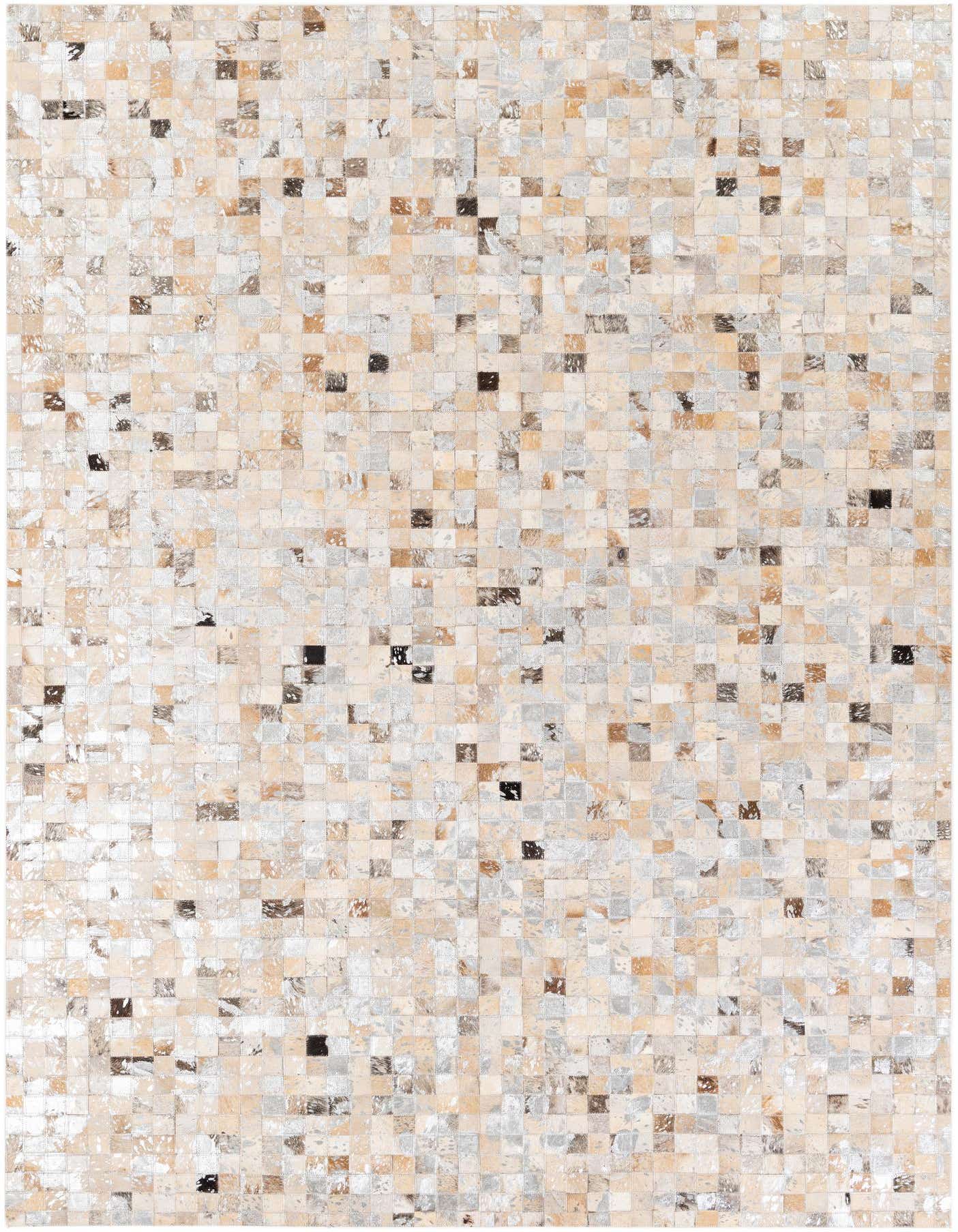 A rectangular 5x8 modern rug made of multi-colored cowhide and leather squares, perfect for a living room.