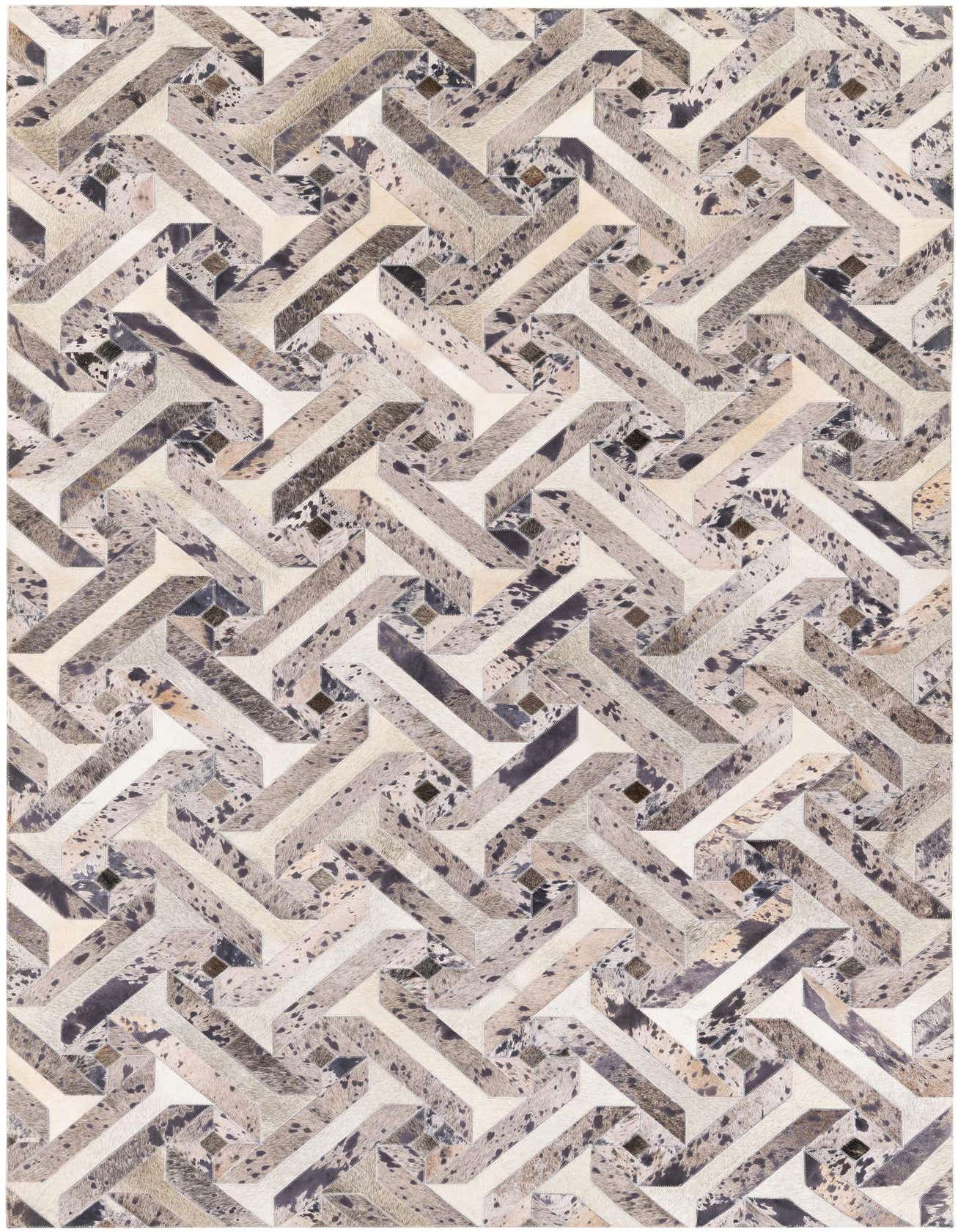 A 5x8 rectangular Cowhide Stocks rug featuring a modern geometric pattern in multi-colored natural cowhide and leather.