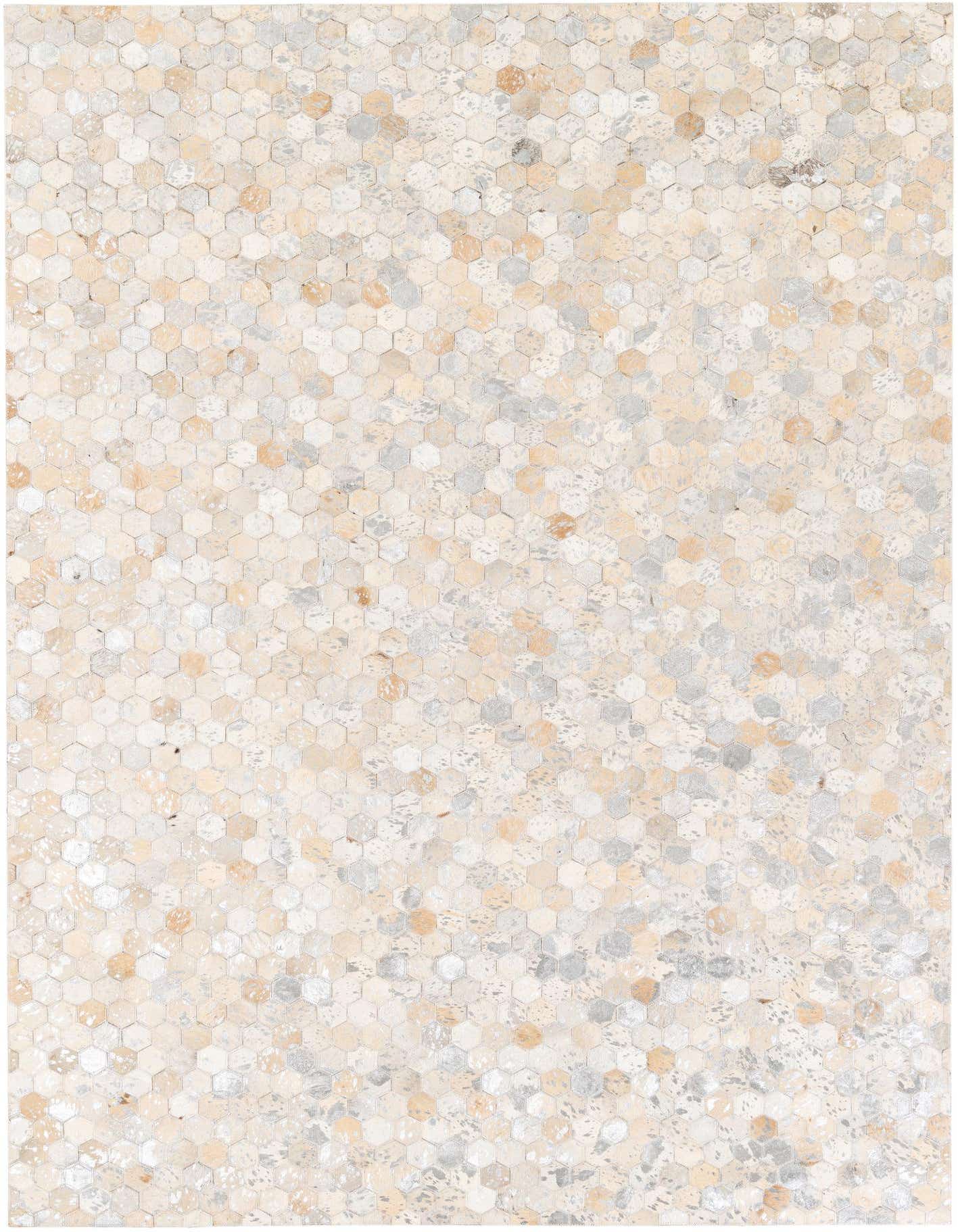 A 5x8 rectangular Cowhide Stocks rug featuring a modern honeycomb pattern in multi-colored tones of beige, cream, and grey.