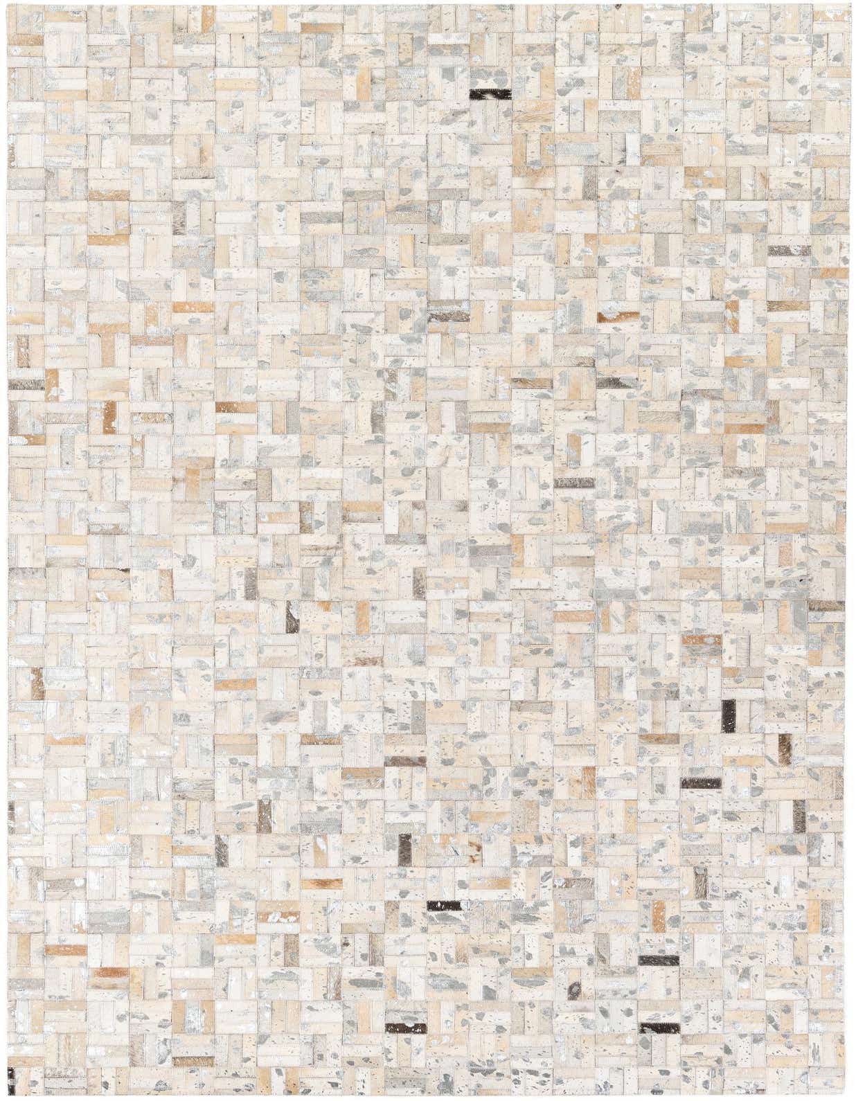 A rectangular 5x8 modern cowhide rug featuring a multi-colored patchwork design with varying shades of beige, brown, and grey.