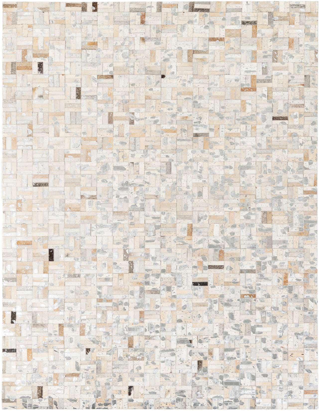 A rectangular 5x8 modern cowhide rug in multi-colored patchwork, featuring various shades of white, beige, brown, and grey.