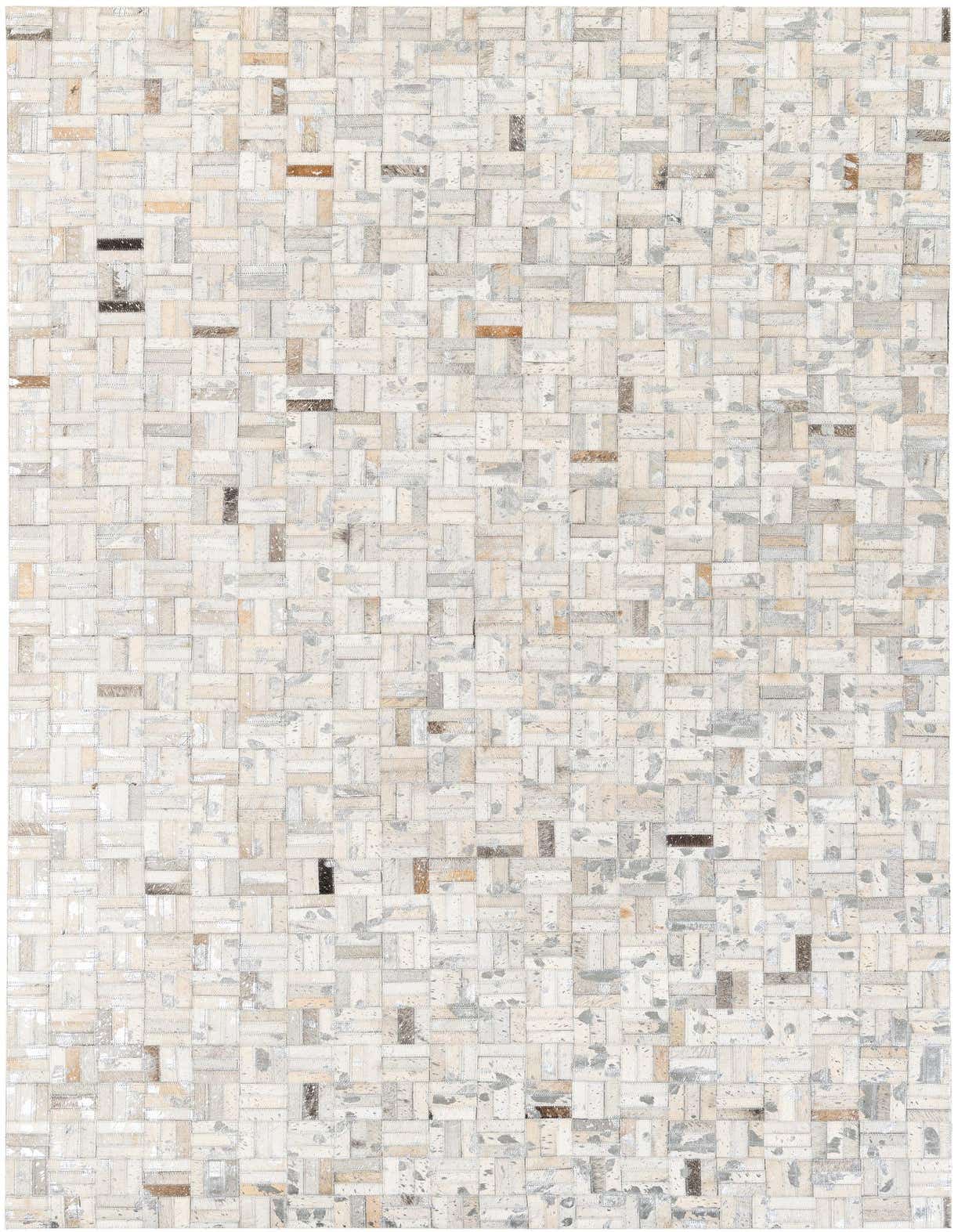 A rectangular 5x8 Cowhide Stocks rug featuring a modern patchwork pattern in multi-colored natural cowhide and leather tones.
