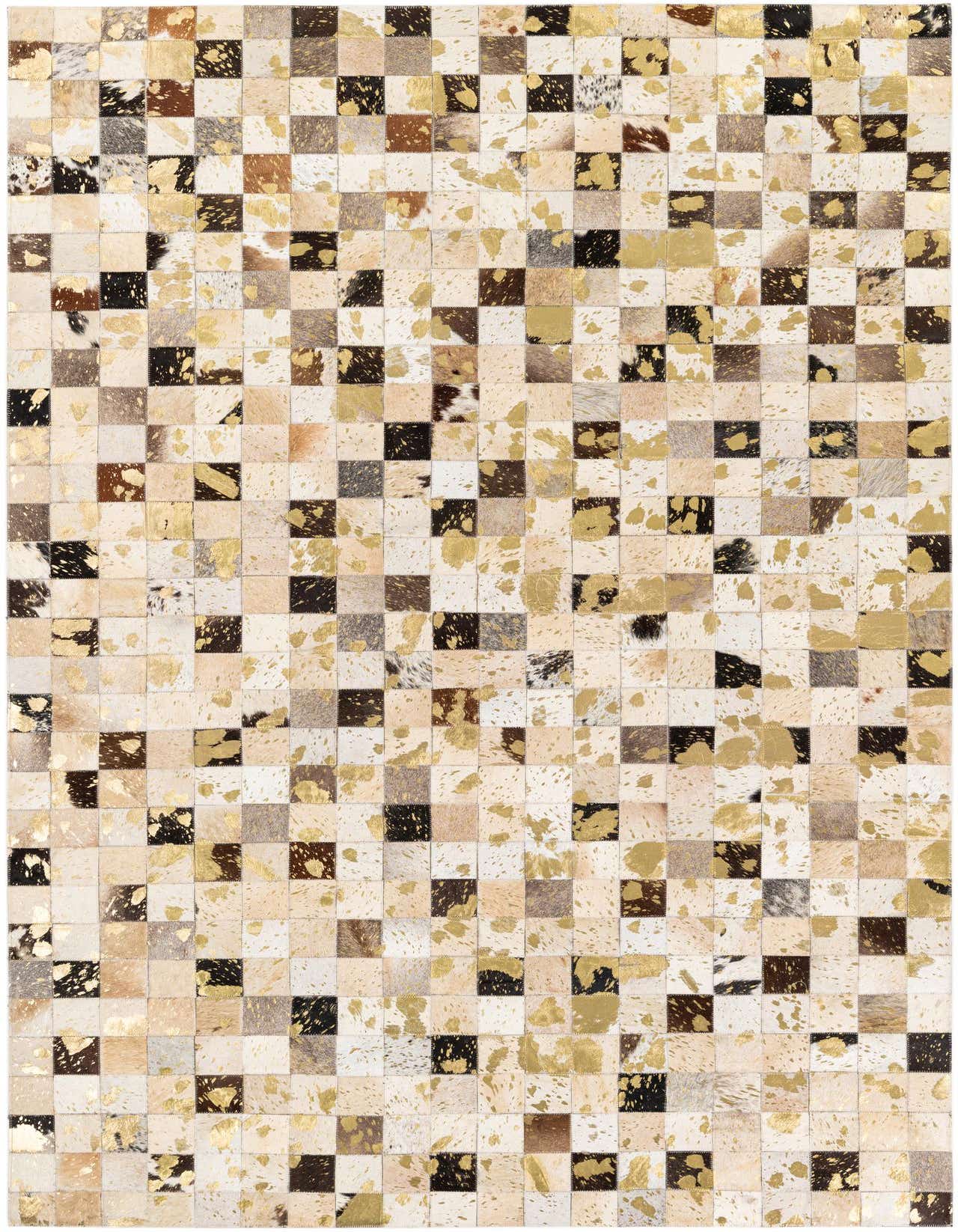 A 5x8 rectangular Cowhide Stocks rug featuring a modern patchwork of multi-colored cowhide squares with gold metallic accents.
