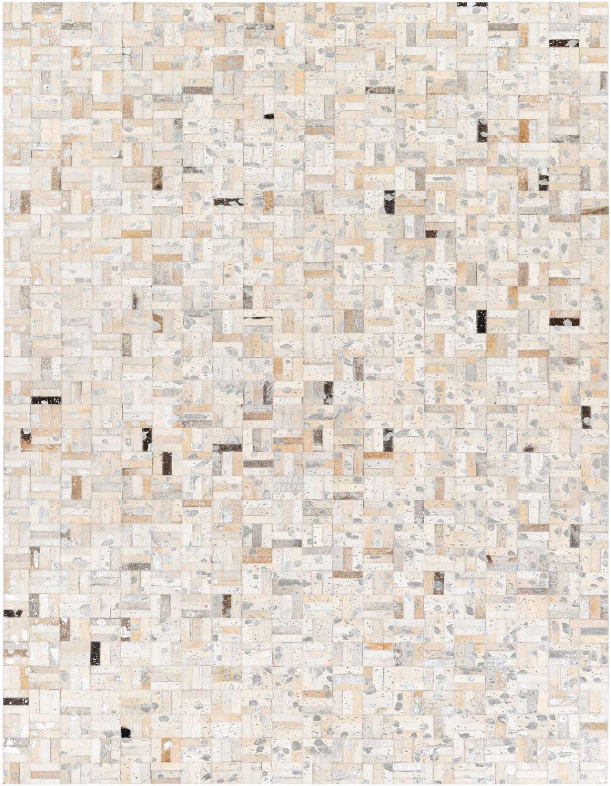 A 5x8 rectangular Cowhide Stocks rug featuring a modern patchwork of multi-colored cowhide and leather squares.