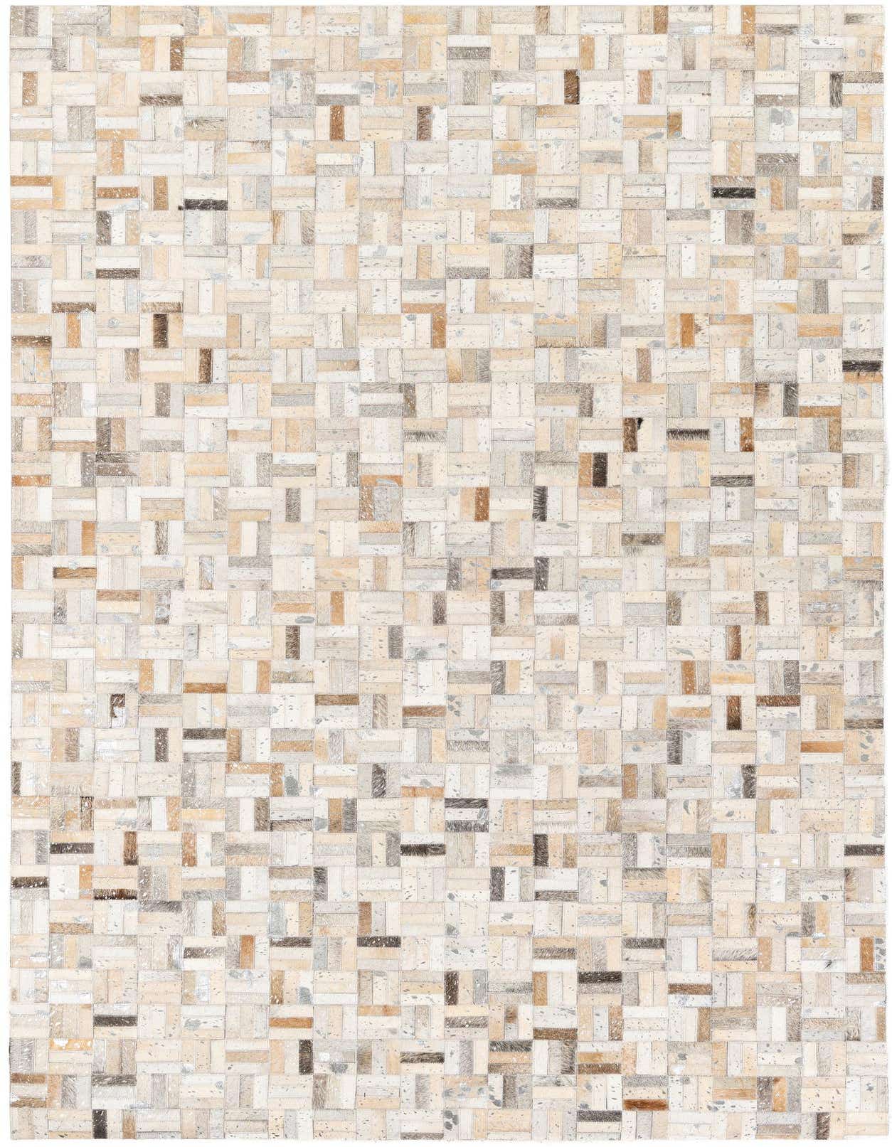 A 5x8 rectangular Cowhide Stocks rug featuring a modern patchwork of multi-colored cowhide and leather squares.