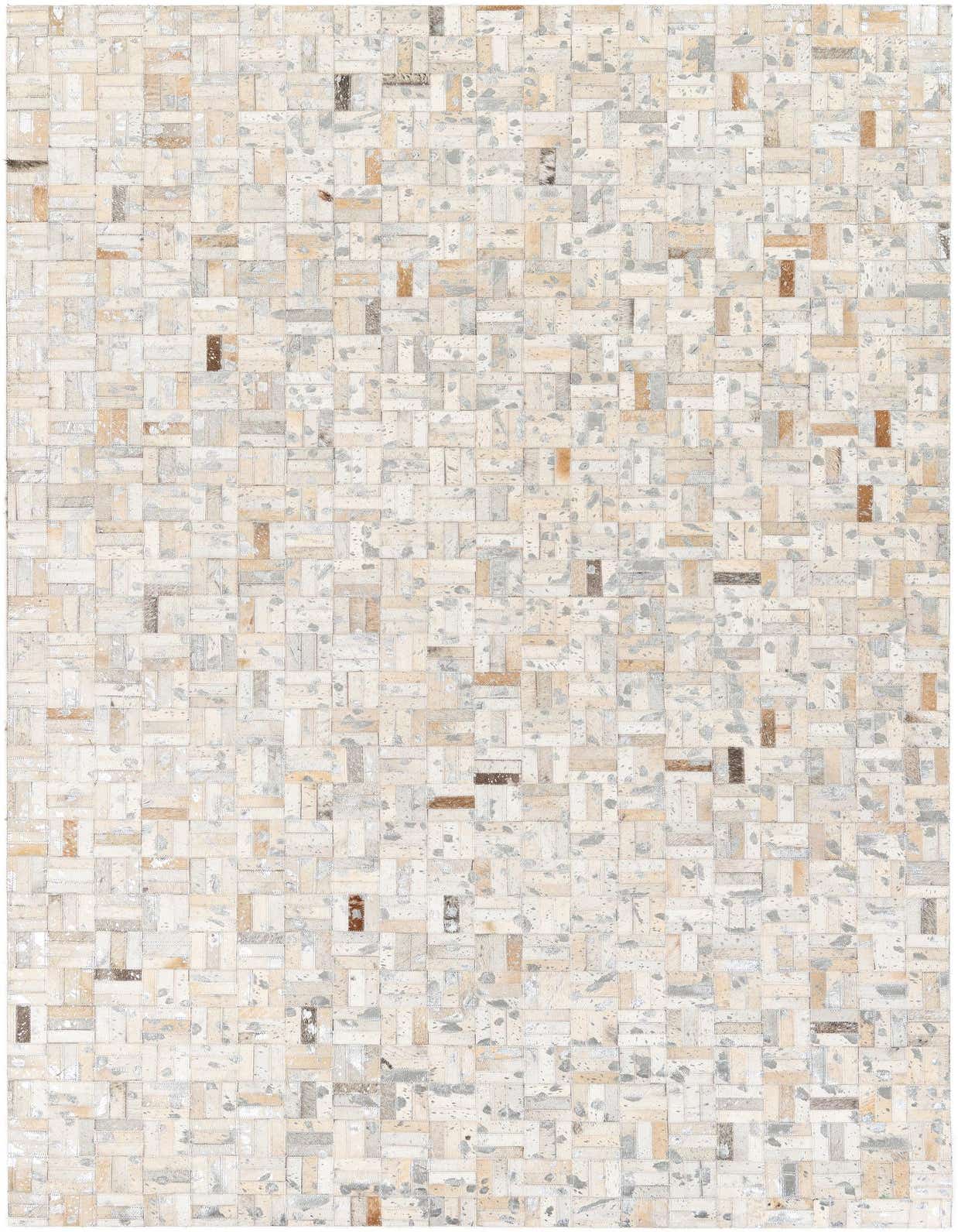 A rectangular 5x8 modern cowhide rug featuring a multi-colored patchwork design with varying shades of cream, beige, brown, and gray.