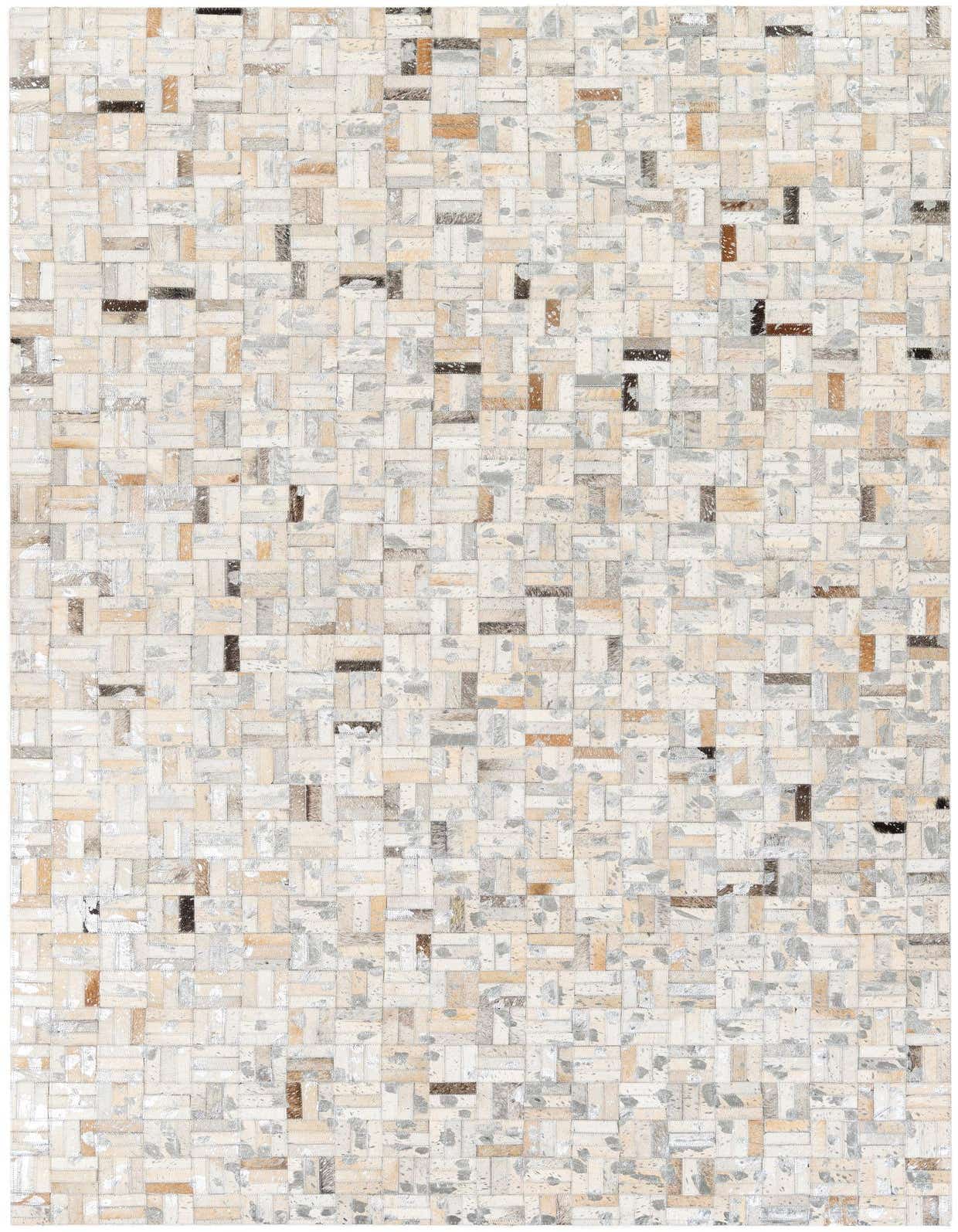 A rectangular 5x8 modern cowhide rug featuring a multi-colored patchwork design with varying shades of beige, brown, and gray.