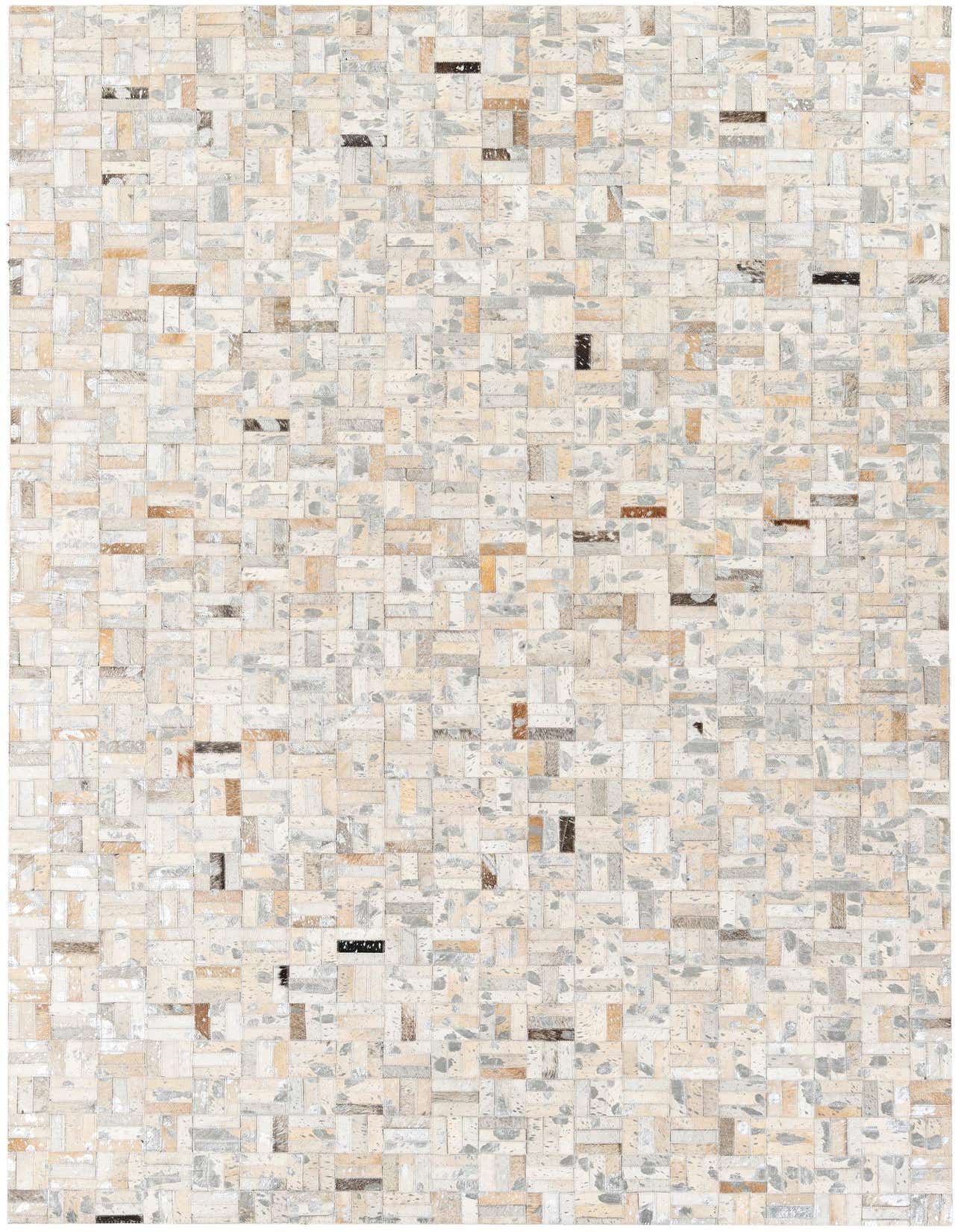 A rectangular 5x8 modern cowhide rug featuring a multi-colored patchwork design in various natural tones.