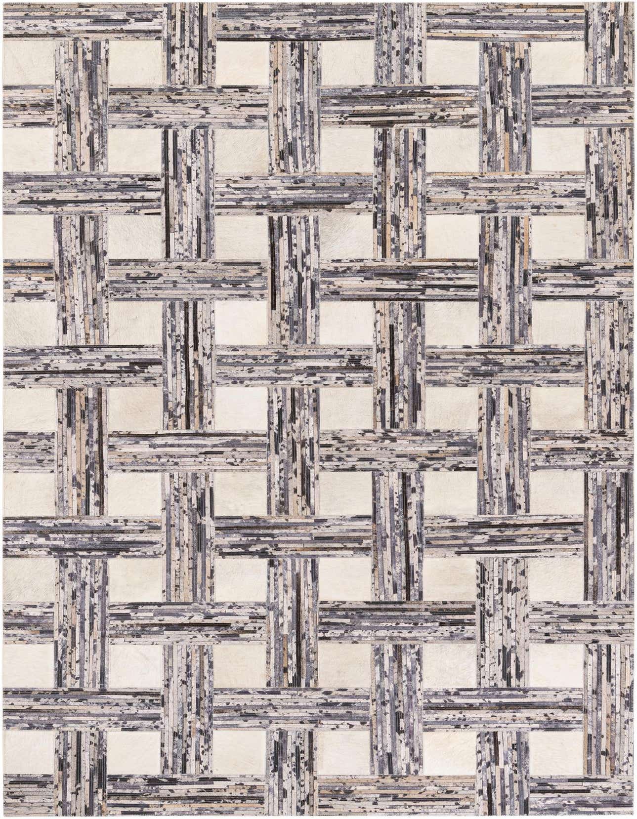 A 5x8 rectangular Cowhide Stocks rug featuring a modern plaid pattern with multi-colored leather strips interwoven with off-white cowhide squares.