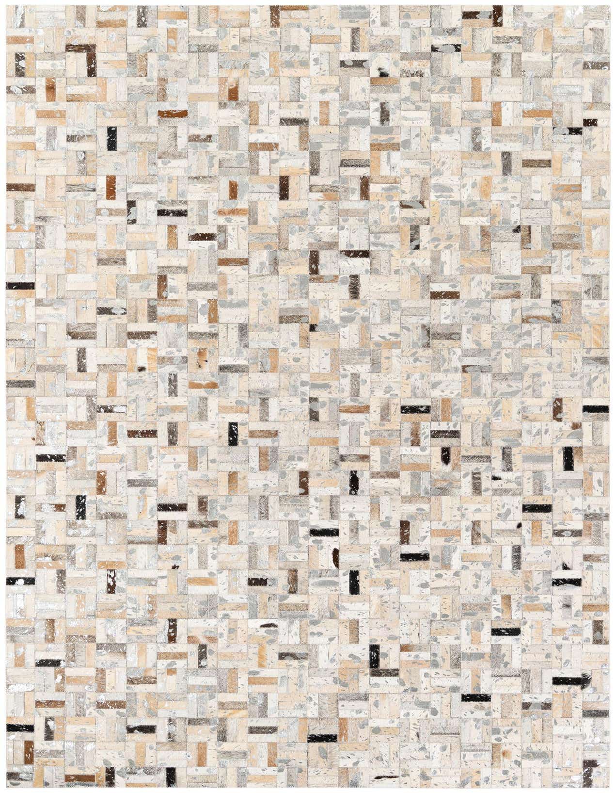 A rectangular 5x8 modern multi-colored cowhide rug featuring a patchwork design of various natural hide shades, ideal for a living room or bedroom.