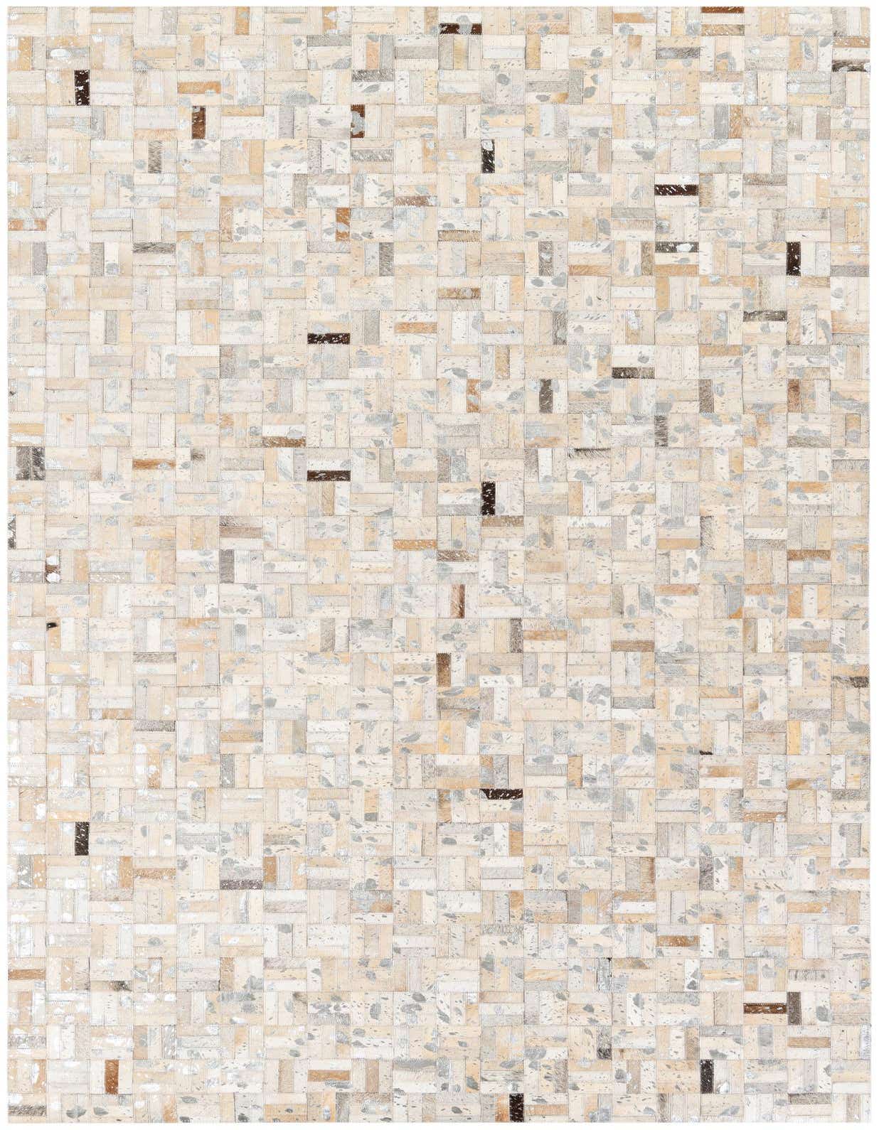 A 5x8 rectangular Cowhide Stocks rug featuring a modern patchwork of multi-colored cowhide and leather squares.