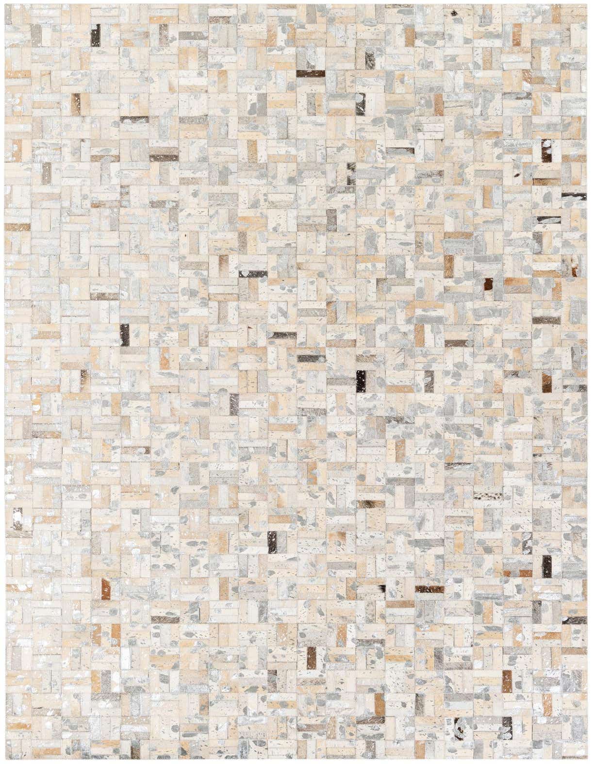 A 5x8 rectangular Cowhide Stocks rug featuring a multi-colored patchwork geometric pattern in natural hide tones.