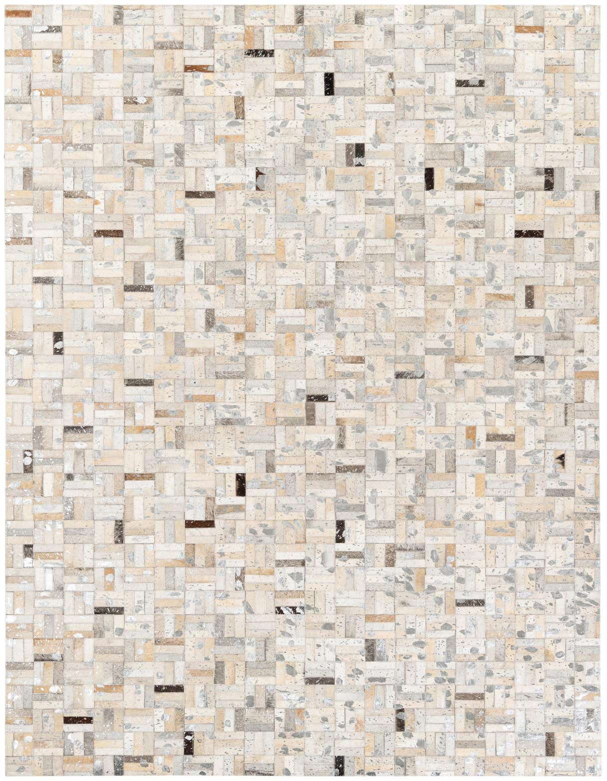 A rectangular 5x8 modern multi-colored cowhide rug with a patchwork pattern, featuring various shades of beige, brown, and gray.