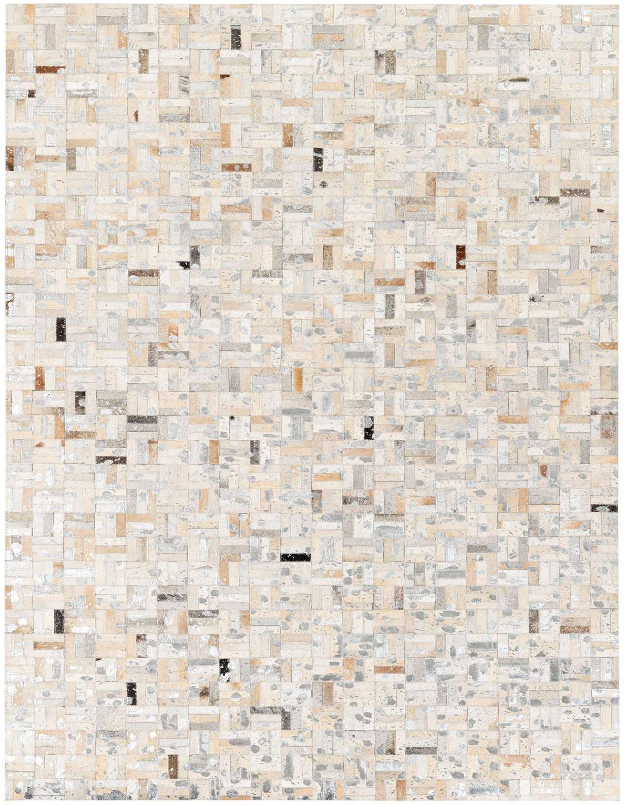 A rectangular 5x8 modern patchwork rug made from multi-colored cowhide and leather, featuring various shades of cream, beige, brown, and gray.