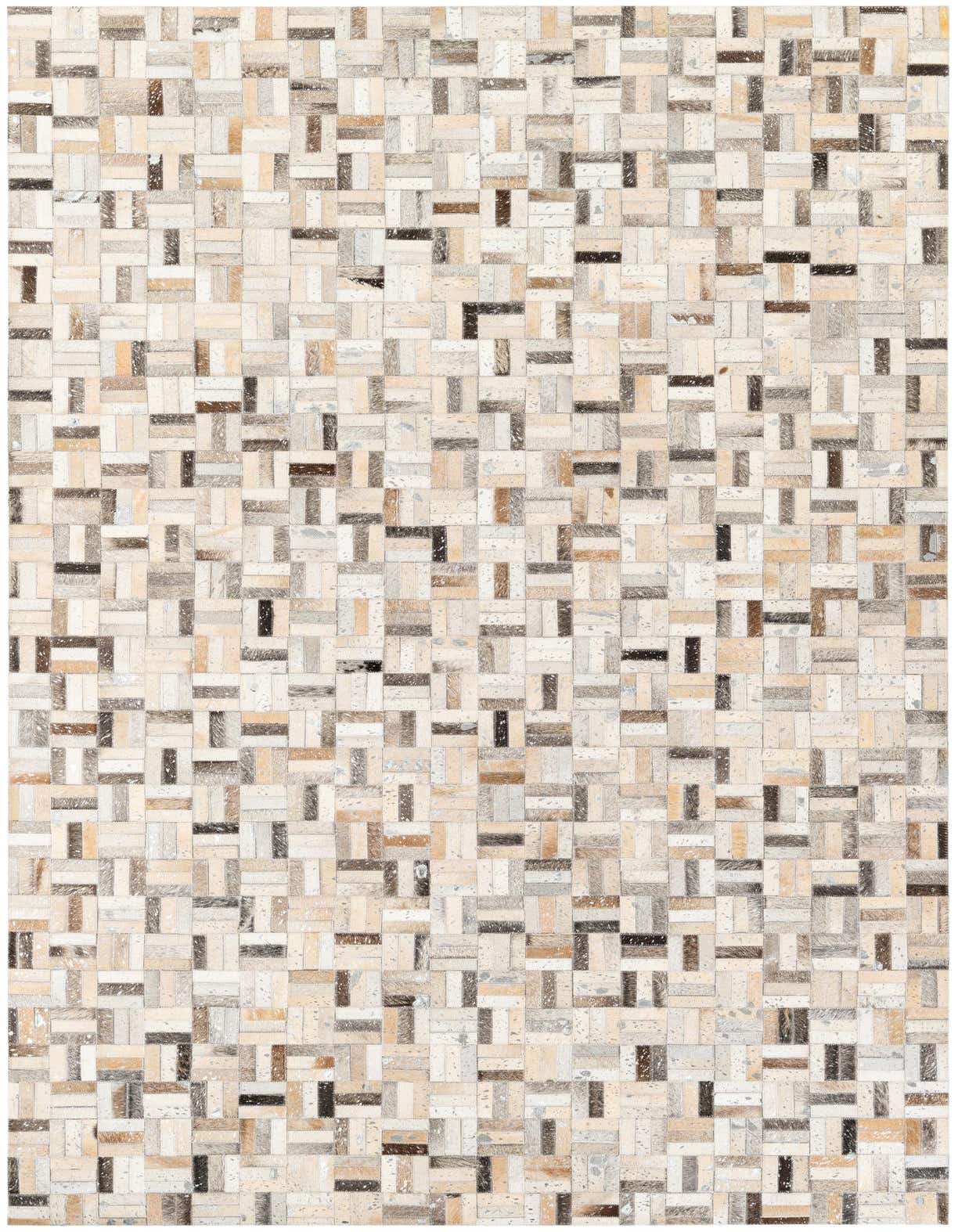 A 5x8 rectangular Cowhide Stocks rug by Rugs.com, featuring a modern patchwork of multi-colored cowhide and leather rectangles in varying natural tones.
