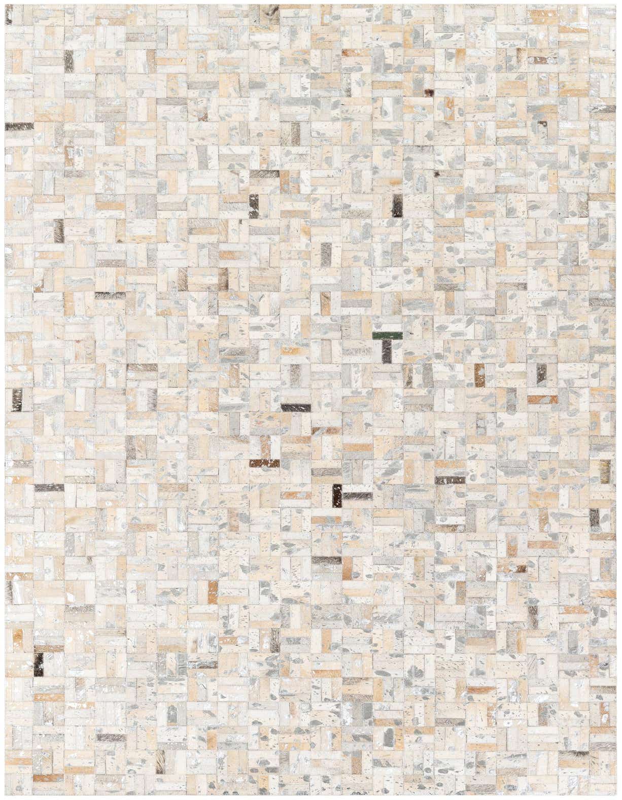 A 5x8 rectangular Cowhide Stocks rug by Rugs.com, featuring a modern patchwork pattern of multi-colored cowhide and leather in varying shades of beige, cream, grey, and brown, suitable for a living room or bedroom.