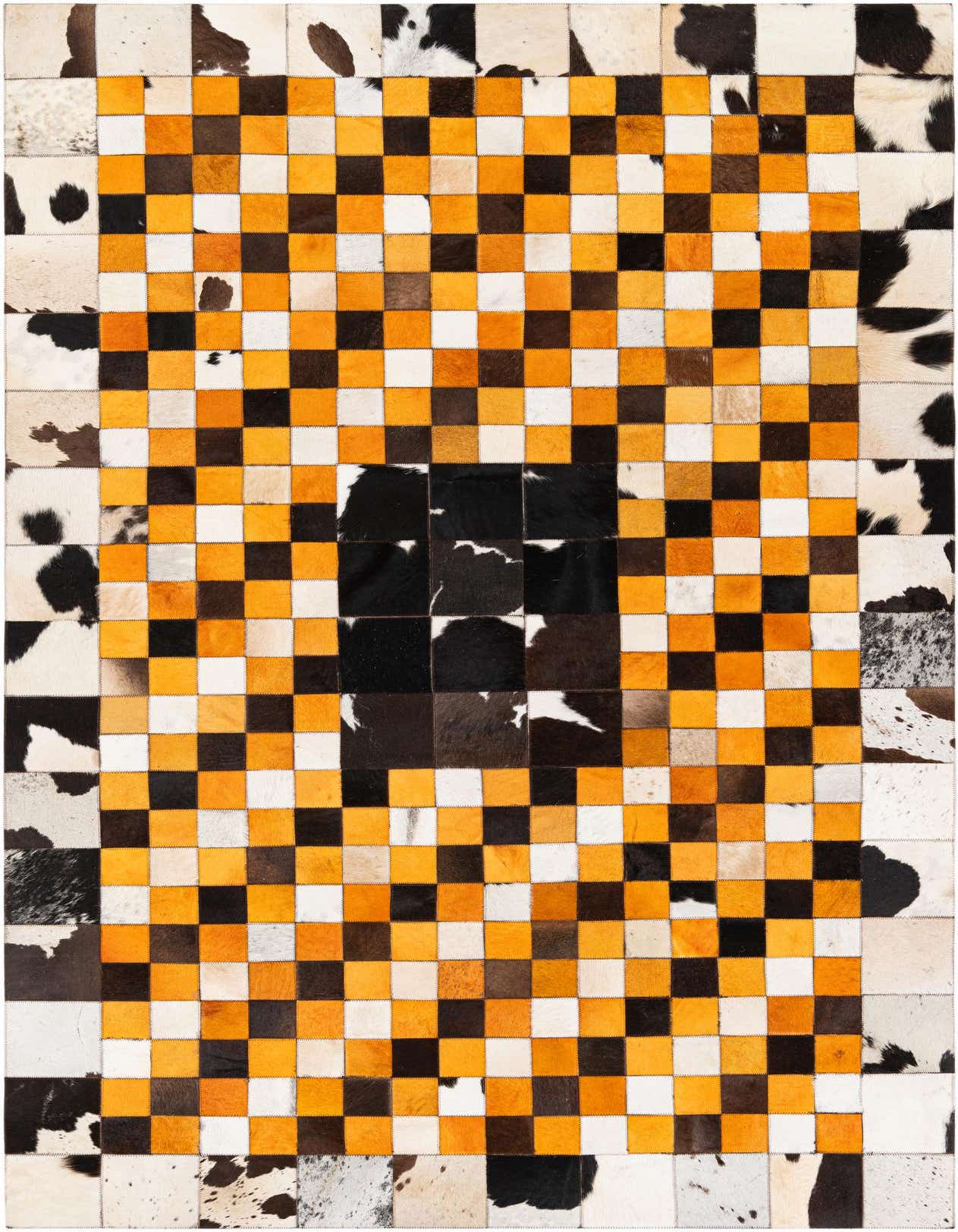 A 5x8 rectangular Cowhide Stocks rug featuring a modern multi-colored checkered pattern with a border of natural cowhide patches.