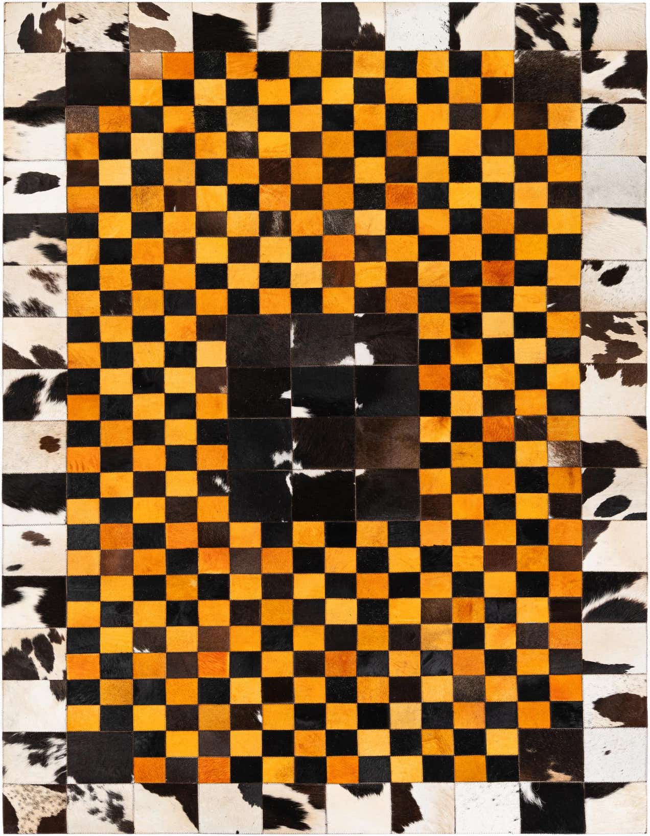 A rectangular 5x8 modern cowhide rug featuring a central orange and black checkerboard pattern, bordered by black, white, and brown spotted cowhide patches.