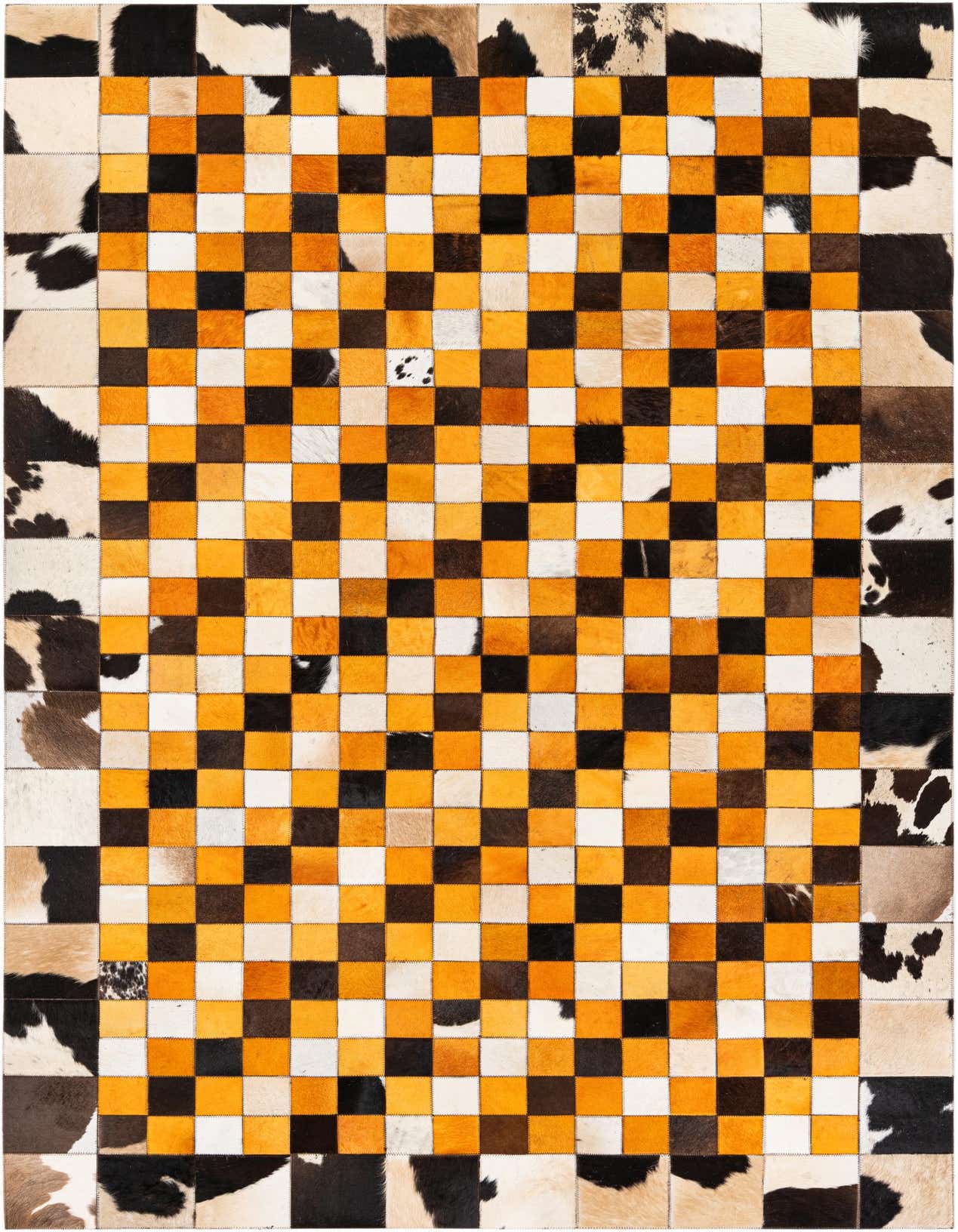 A 5x8 rectangular Cowhide rug featuring a modern checkered pattern in multi-colored patches, including orange, black, and white.