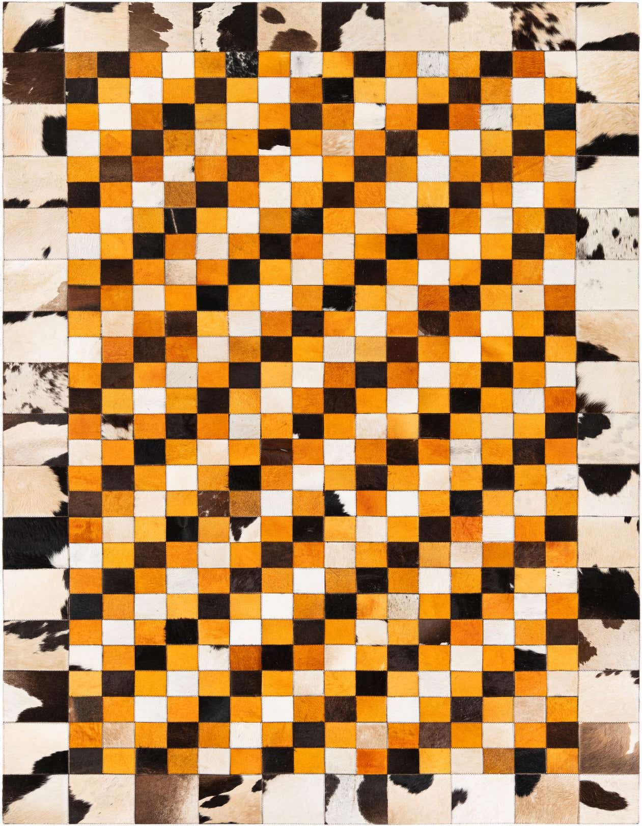 A 5x8 rectangular Cowhide Stocks rug featuring a vibrant multi-colored checkerboard pattern with a natural cowhide border, perfect for a modern living room.