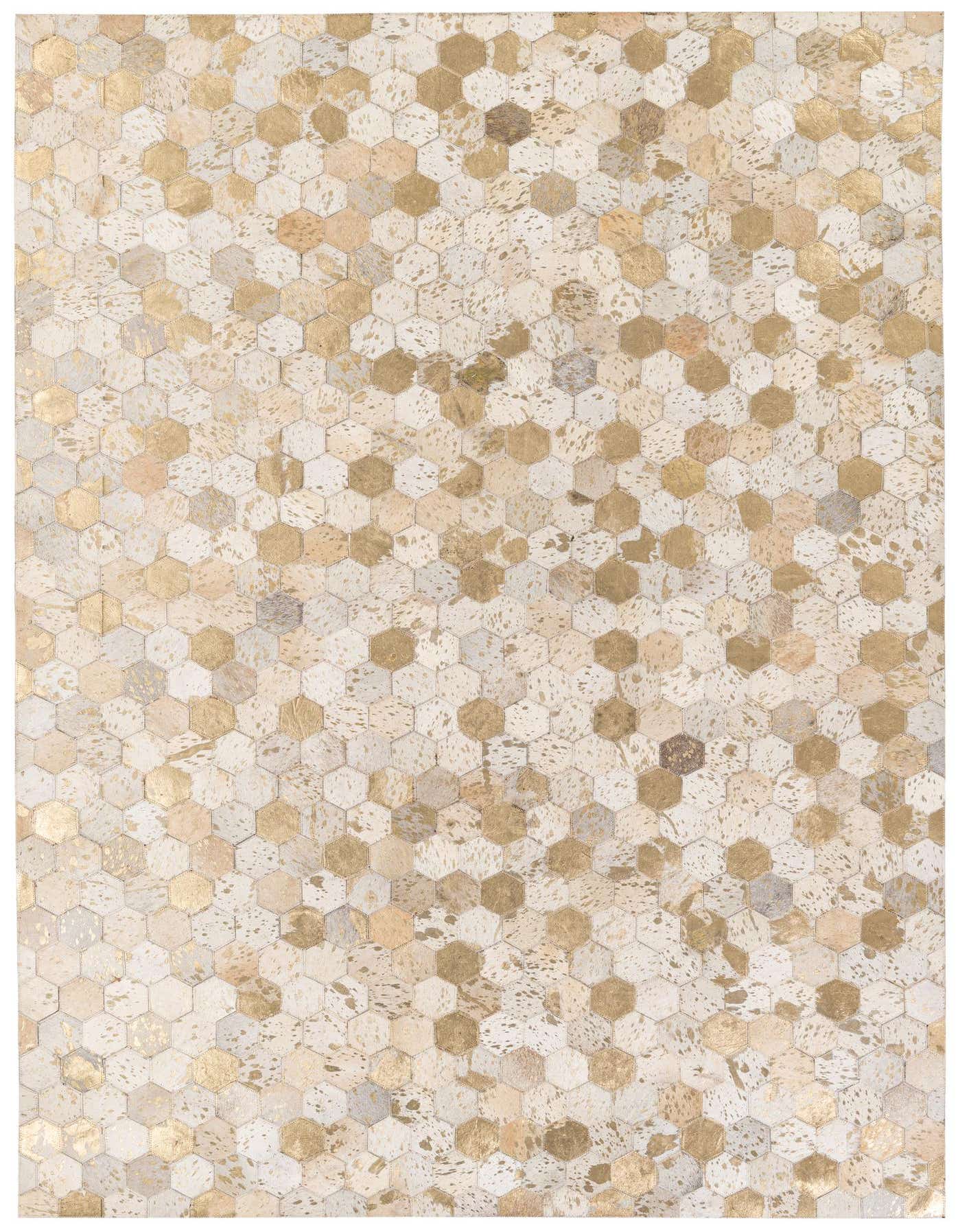 A rectangular 5x8 modern cowhide rug featuring a mosaic of hexagonal patches in multi-colored tones with metallic gold accents.