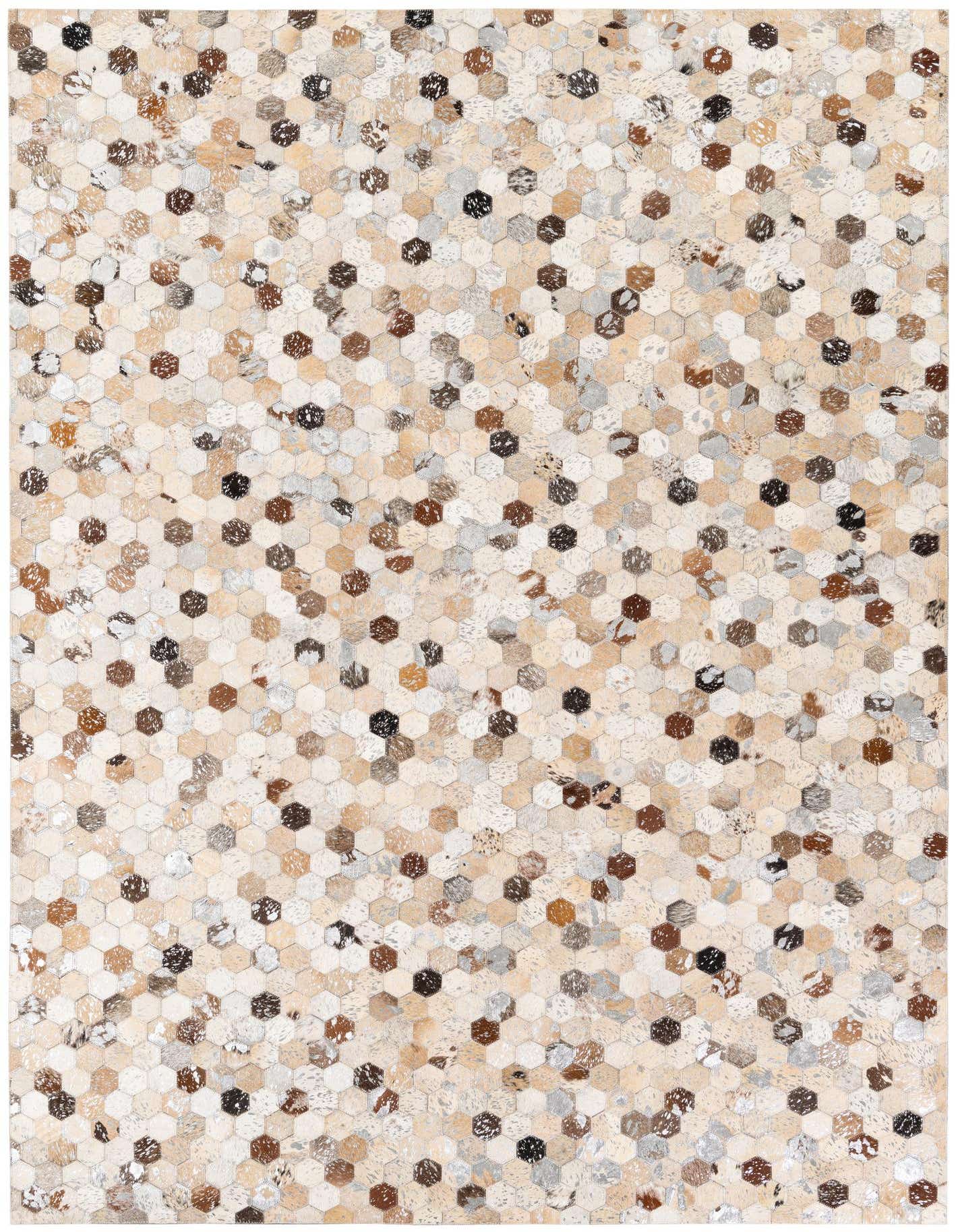 A 5x8 rectangular Cowhide Stocks rug featuring a multi-colored geometric patchwork of natural cowhide hexagons in cream, brown, black, and grey tones.