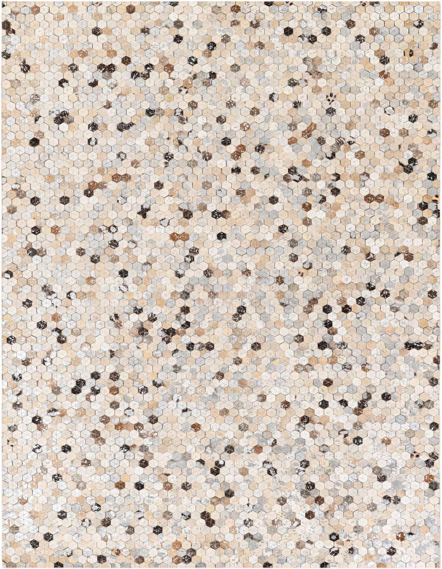 A rectangular 5x8 Cowhide Stocks rug featuring a modern multi-colored hexagonal pattern in beige, brown, black, and grey tones.