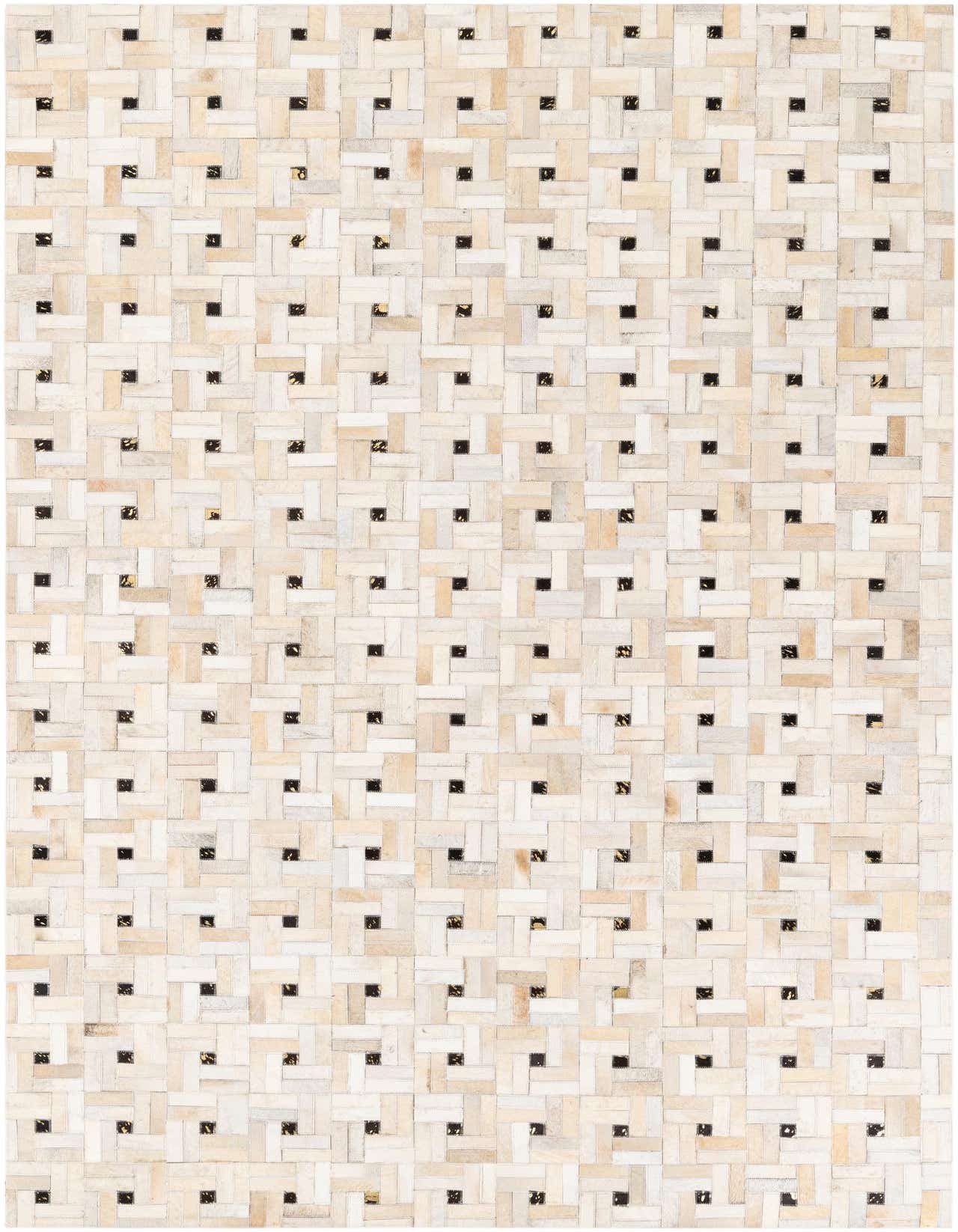 A 5x8 rectangular Cowhide Stocks rug in a modern, multi-colored geometric pattern, ideal for a living room.