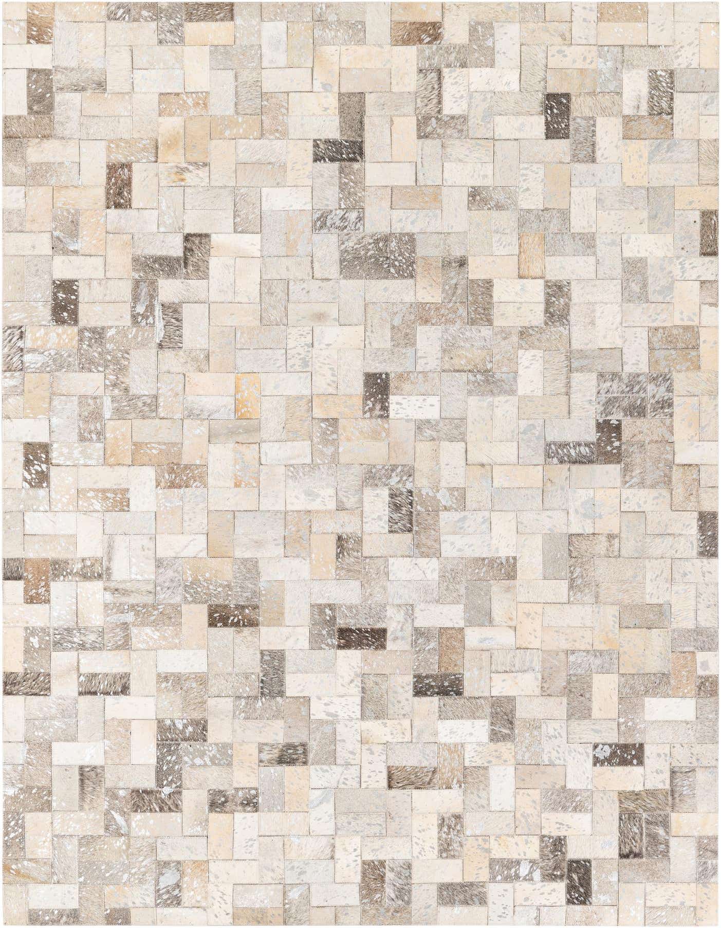 A 5x7 rectangular modern cowhide rug featuring a patchwork of multi-colored natural hide squares and rectangles.