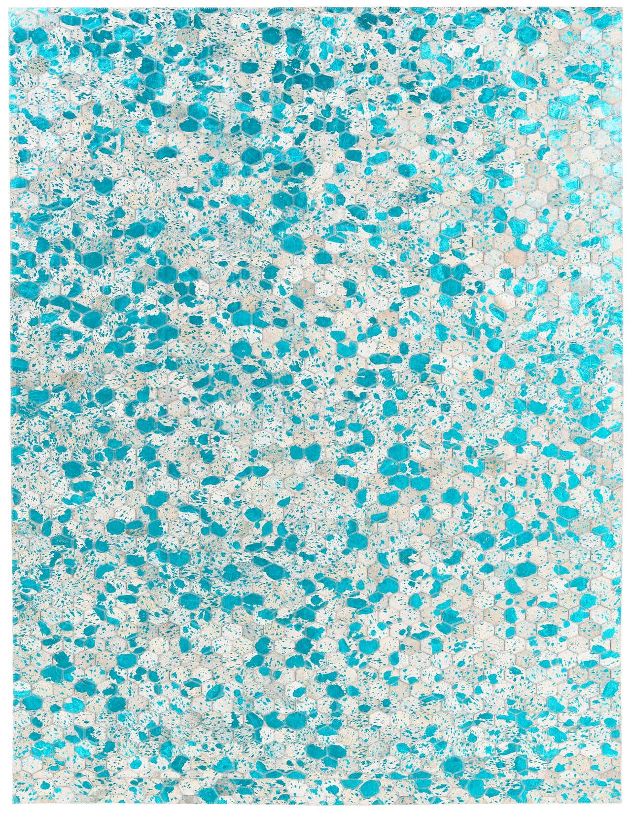 A 5x8 rectangular Cowhide Stocks rug from Rugs.com, featuring a modern multi-colored pattern with teal splotches over a light background, suitable for a living room.