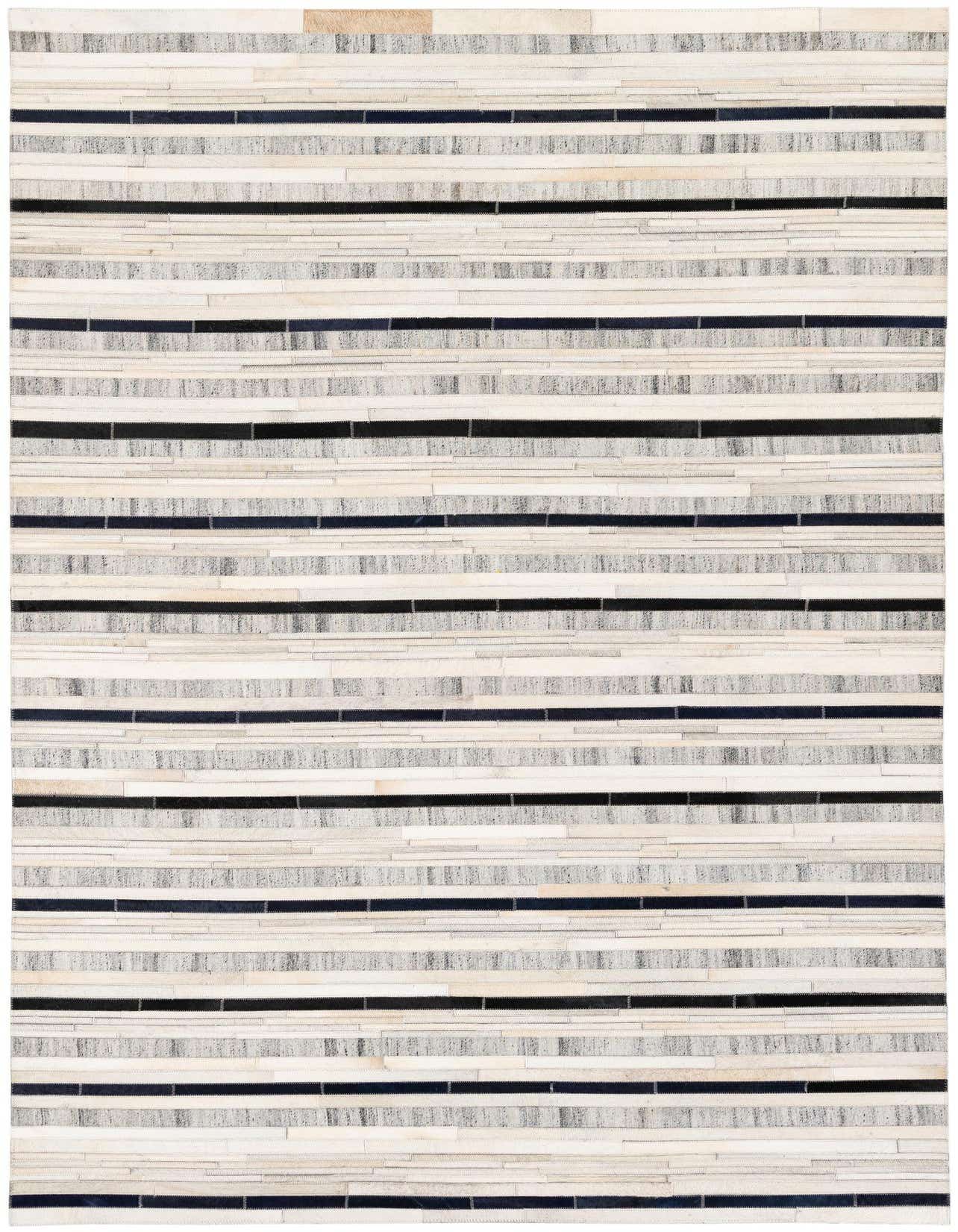A rectangular 5x8 modern Cowhide Stocks rug by Rugs.com with horizontal stripes of multi-colored cowhide and leather.