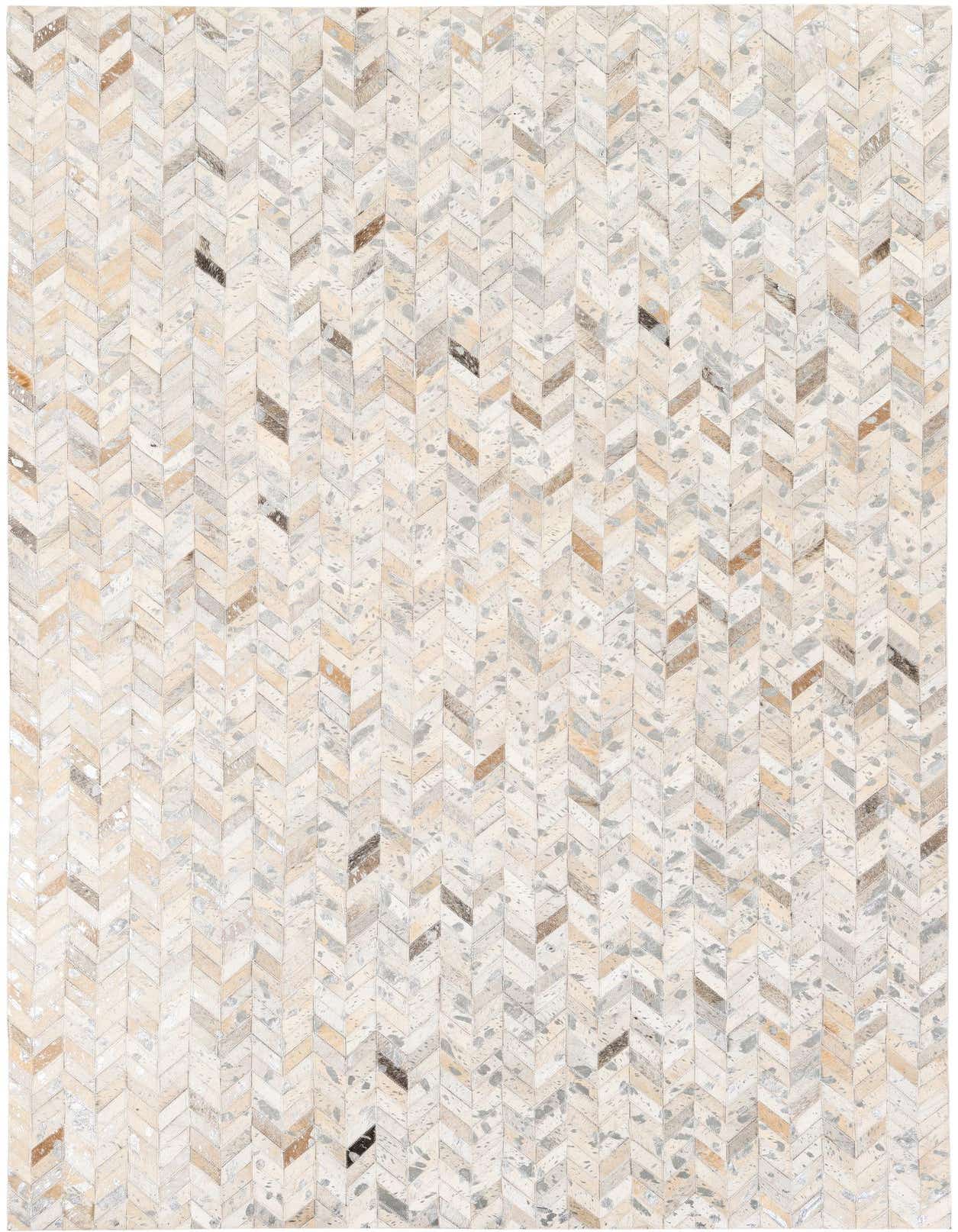A 5x8 rectangular Cowhide Stocks rug from Rugs.com, featuring a modern chevron pattern in multi-colored natural cowhide and leather, ideal for a living room.