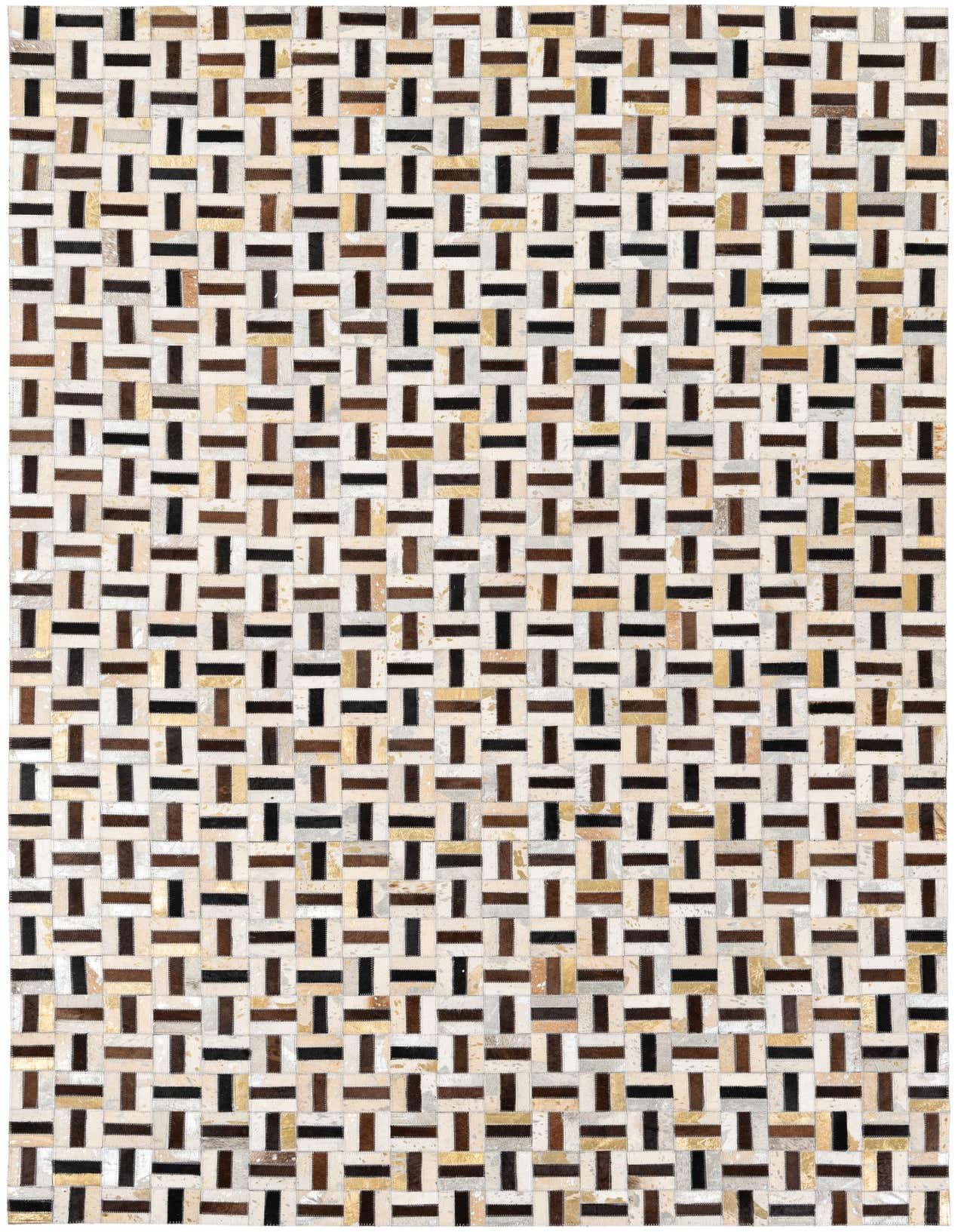 A rectangular 5x8 modern cowhide rug featuring a multi-colored geometric basketweave pattern in brown, black, and cream tones.