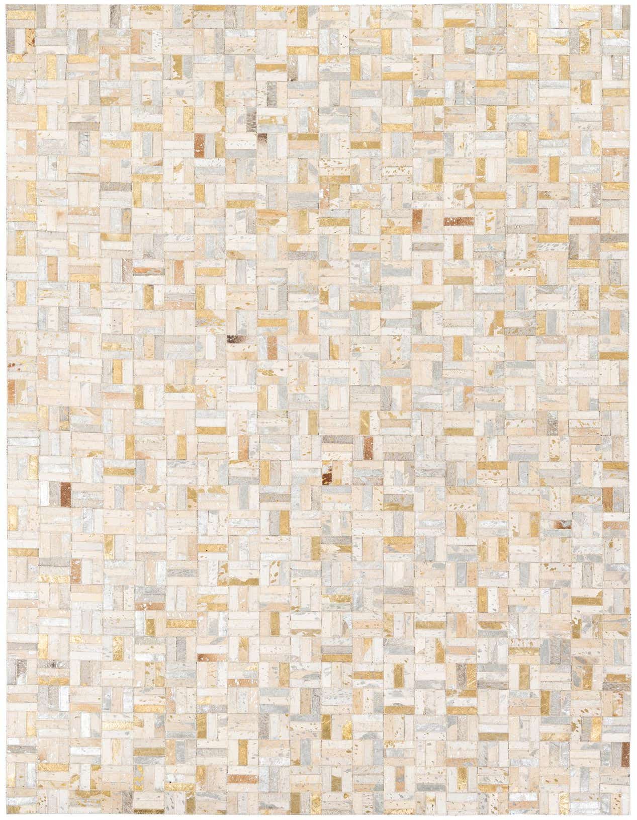 A rectangular 5x8 modern Cowhide Stocks rug by Rugs.com, featuring a multi-colored patchwork design with natural cowhide and metallic gold and silver leather pieces.