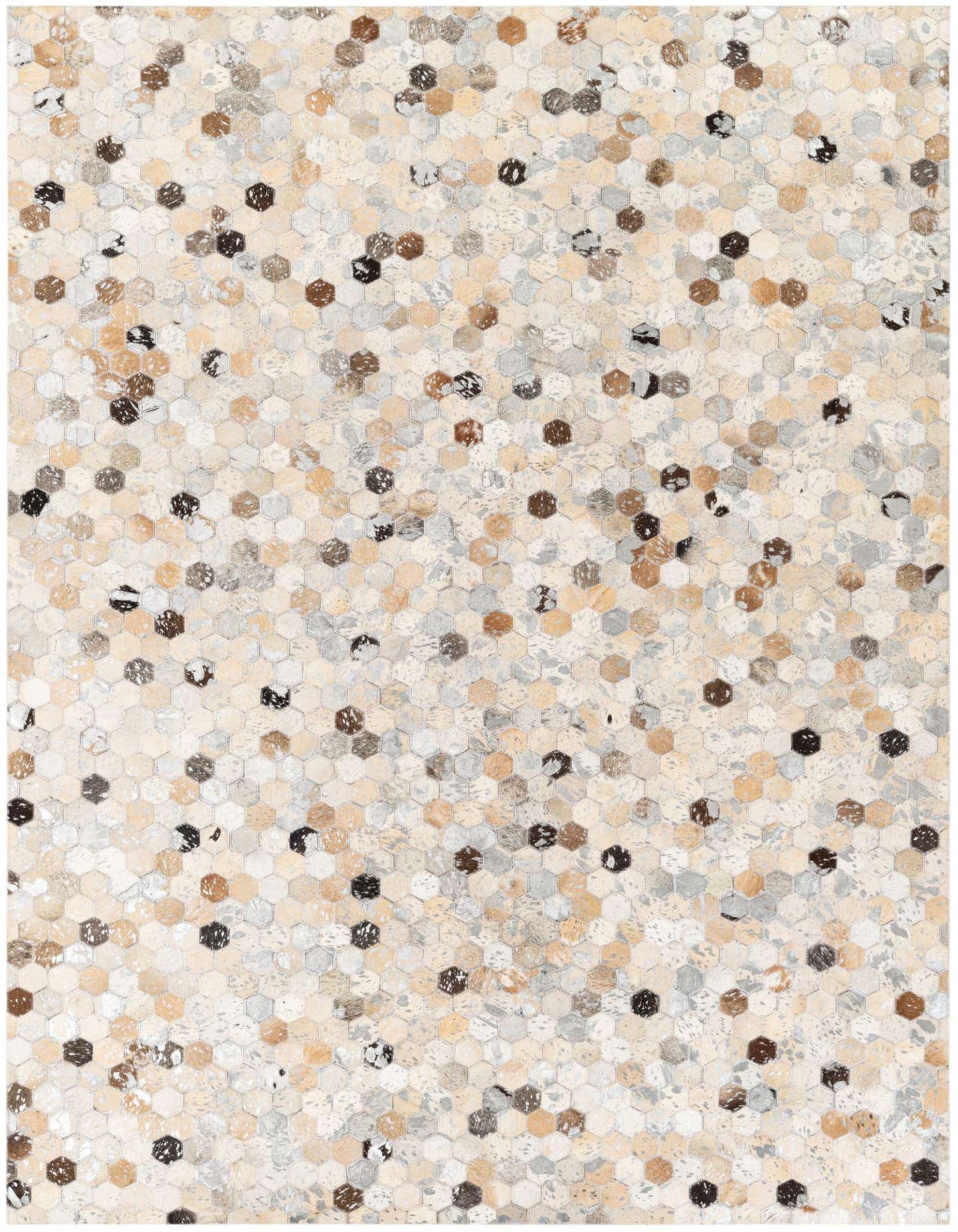 A 5x8 rectangular Cowhide Stocks rug featuring a modern multi-colored hexagonal pattern in natural browns, creams, and grays.
