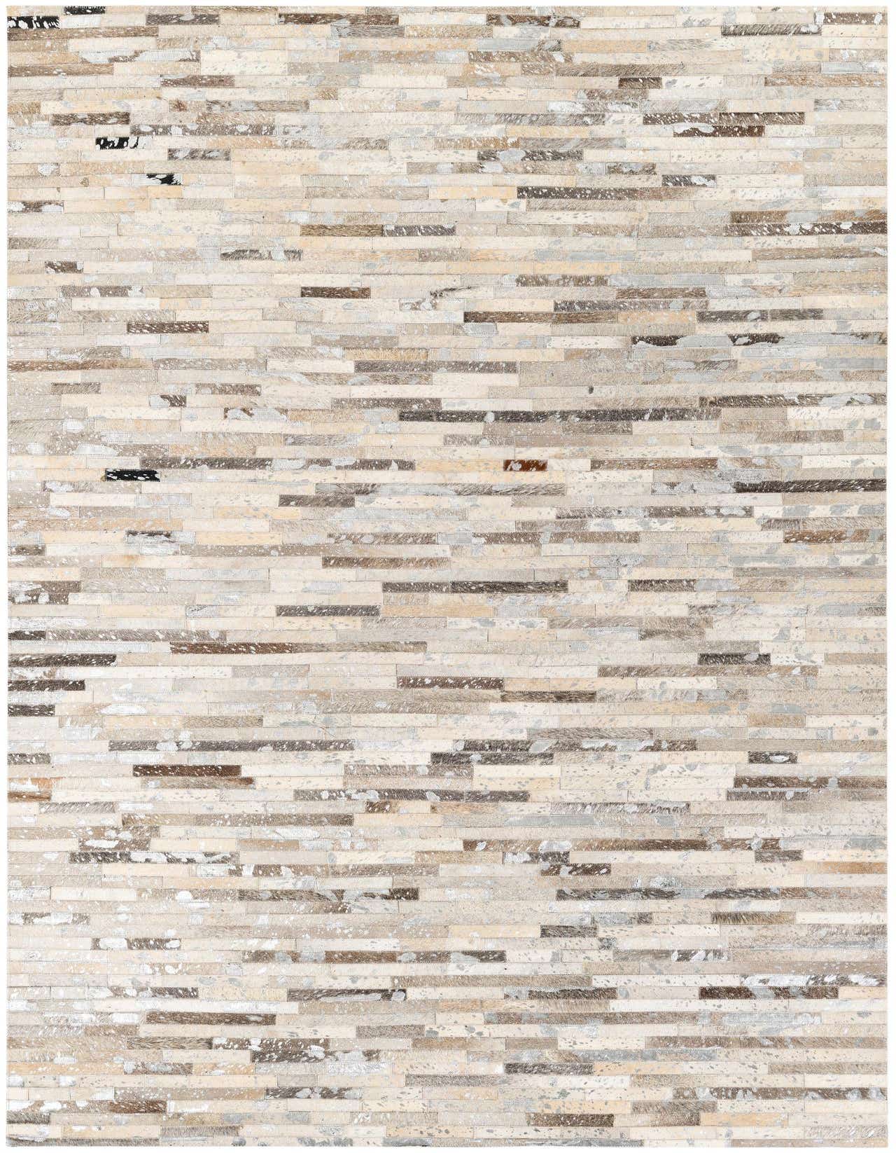 A rectangular 5x8 modern rug made from multi-colored cowhide and leather strips, perfect for a living room.