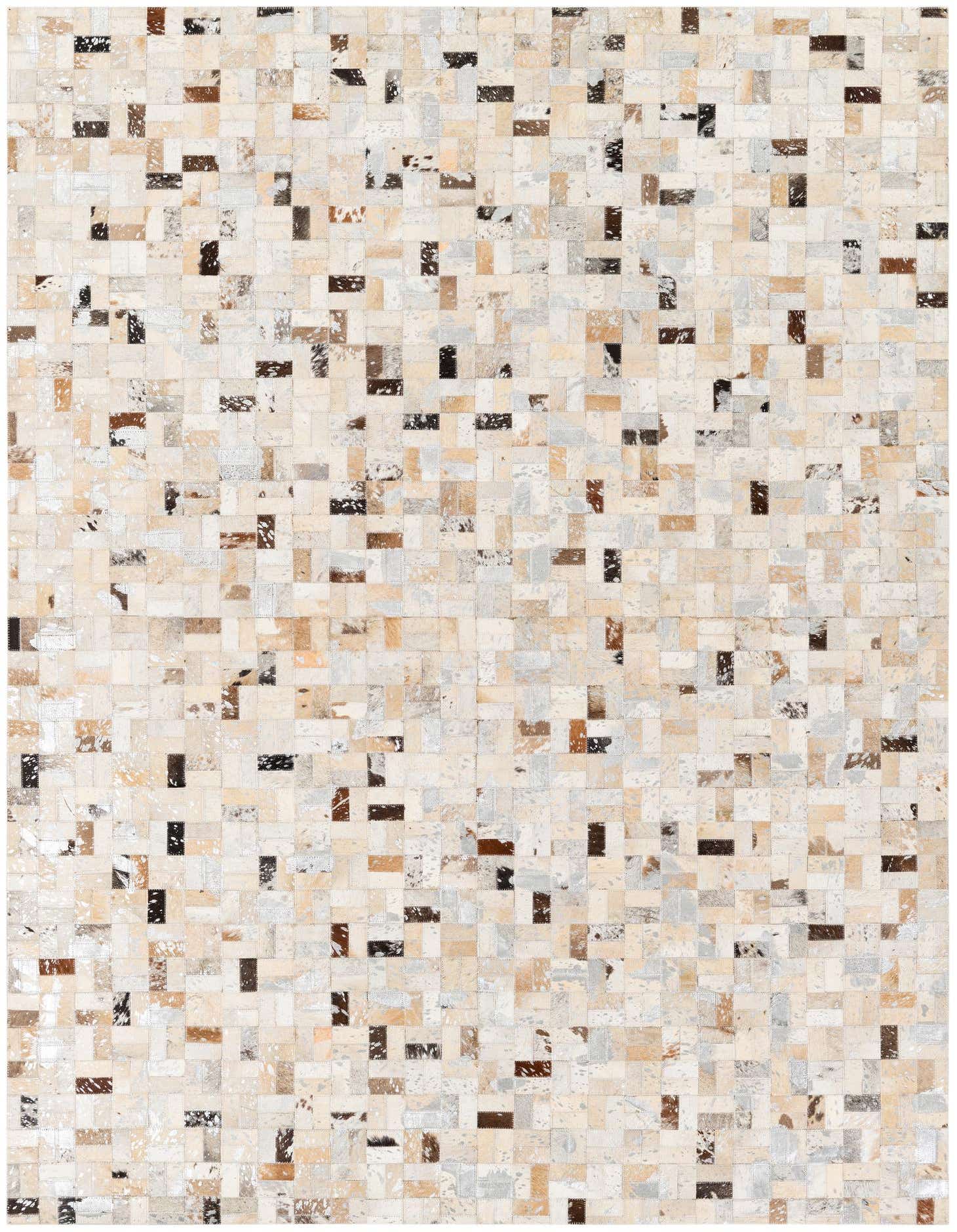 A rectangular 5x8 modern cowhide rug featuring a patchwork of multi-colored natural hide squares in varying shades of brown, beige, and white.