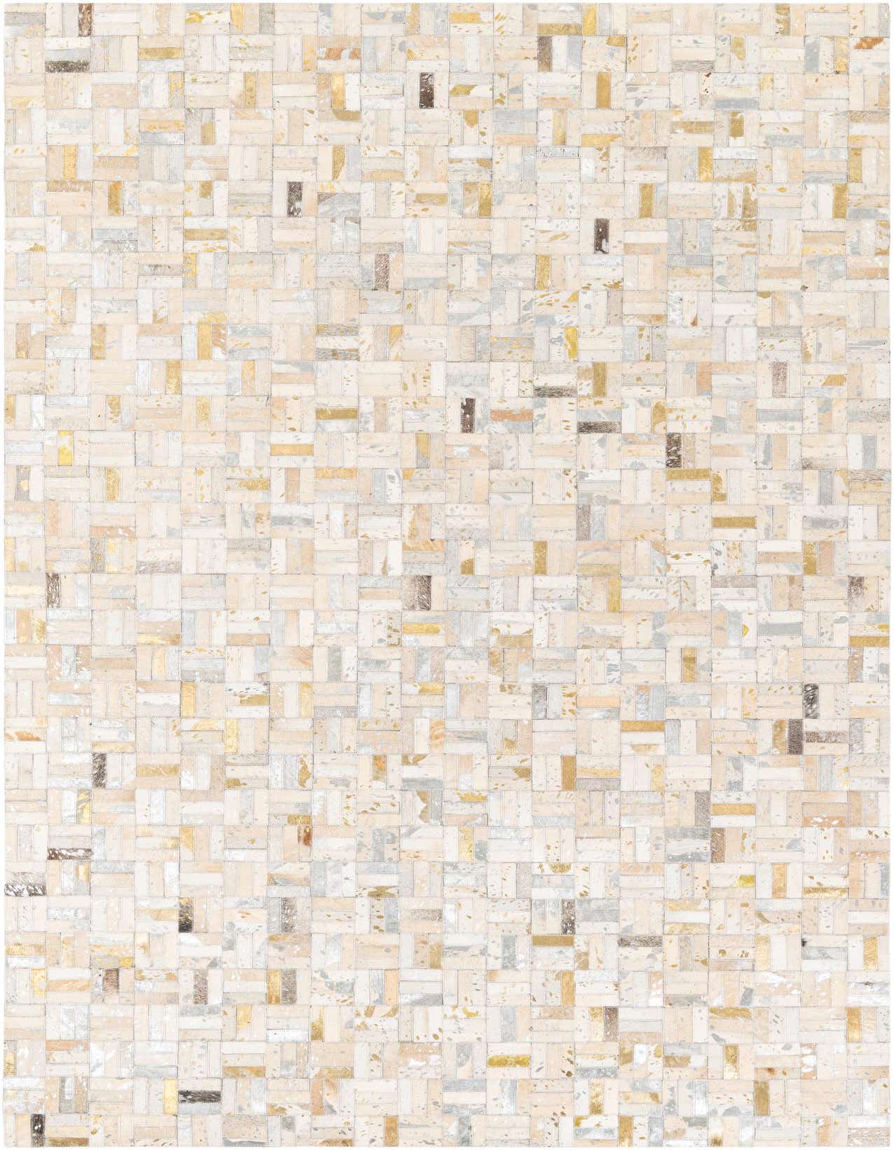 A rectangular 5x8 modern area rug made from multi-colored cowhide and leather patches in a mosaic pattern.