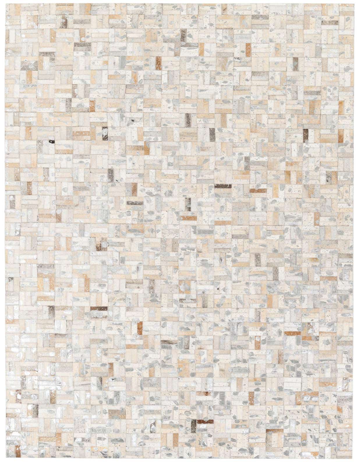 A 5x8 rectangular Cowhide Stocks rug featuring a modern patchwork pattern in multi-colored natural cowhide and leather tones.