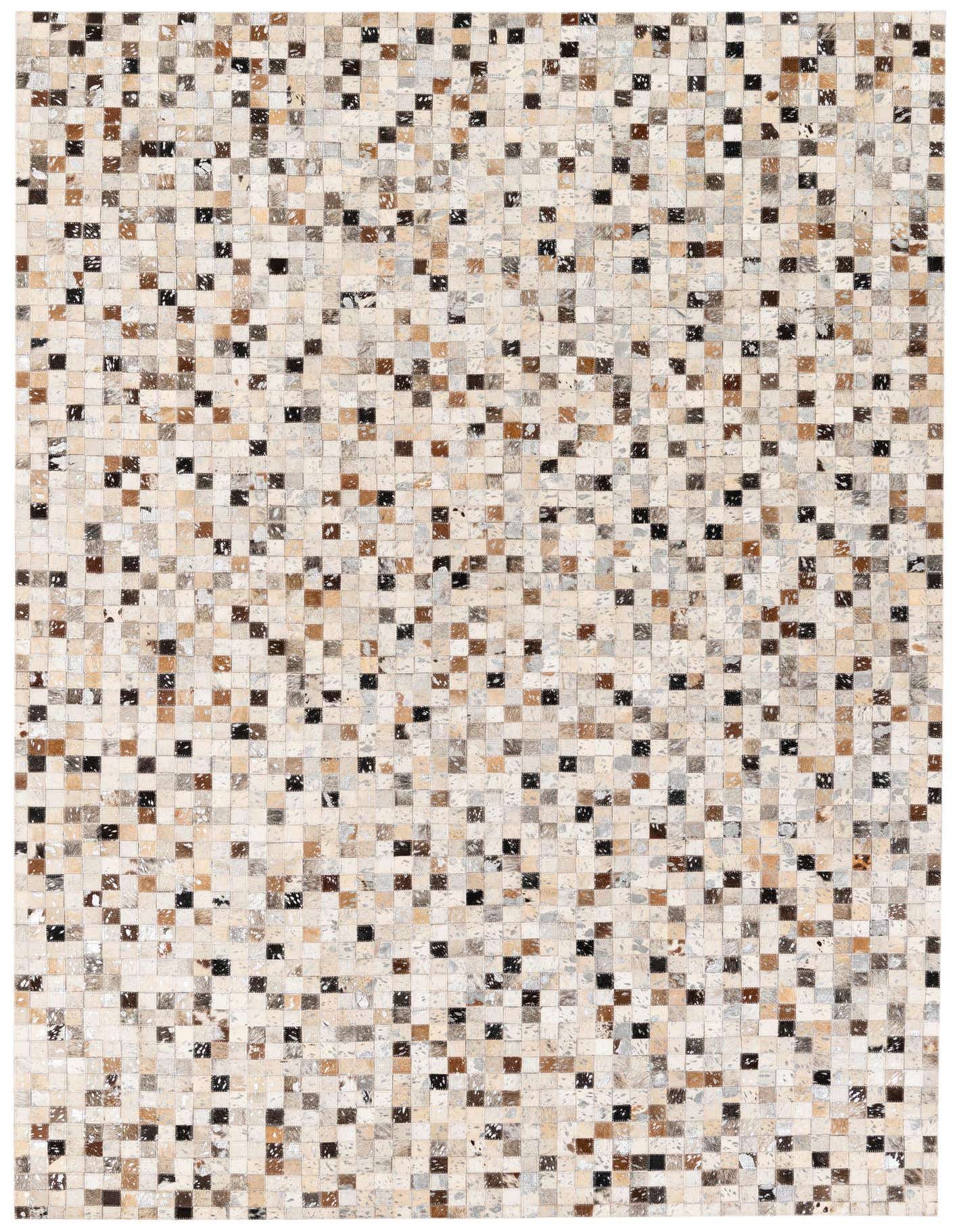 A 5x8 rectangular Cowhide Stocks rug featuring a modern patchwork pattern of multi-colored cowhide squares in various natural tones.