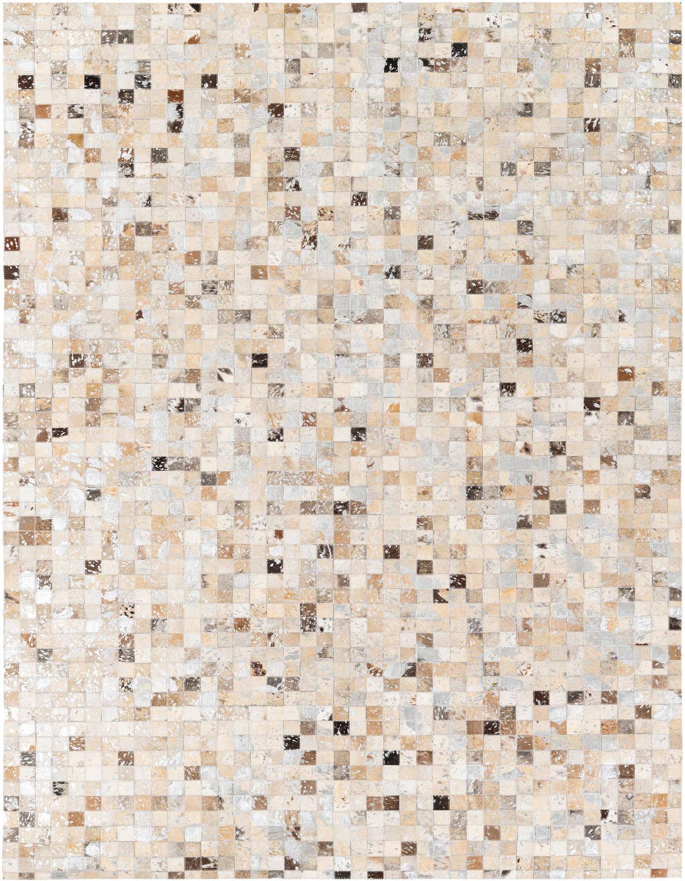 A 5x8 rectangular Cowhide Stocks rug from Rugs.com, featuring a modern patchwork of multi-colored cowhide and leather squares in natural tones.