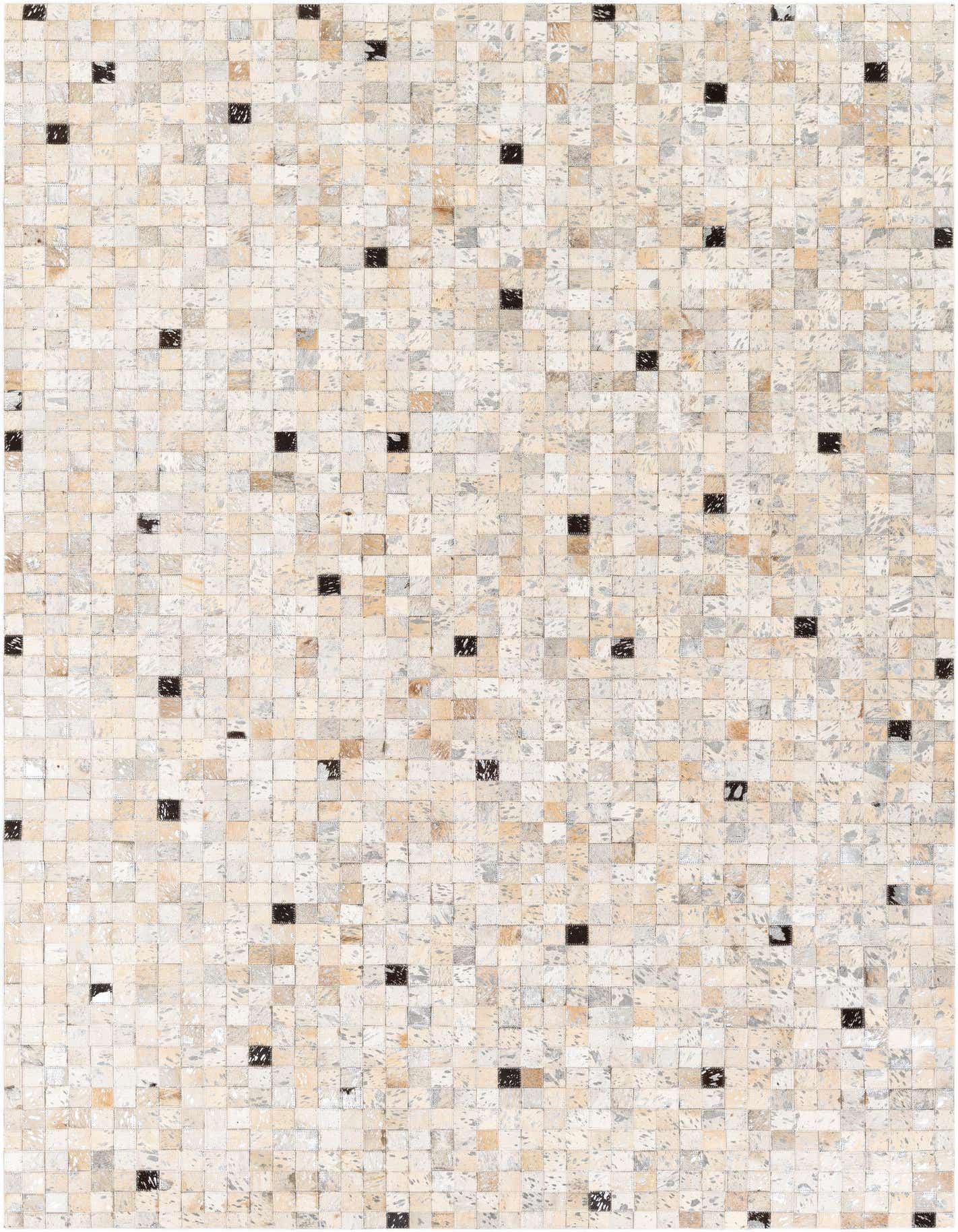 A rectangular 5x8 modern cowhide rug featuring a mosaic of multi-colored squares in natural tones with occasional dark brown patches.