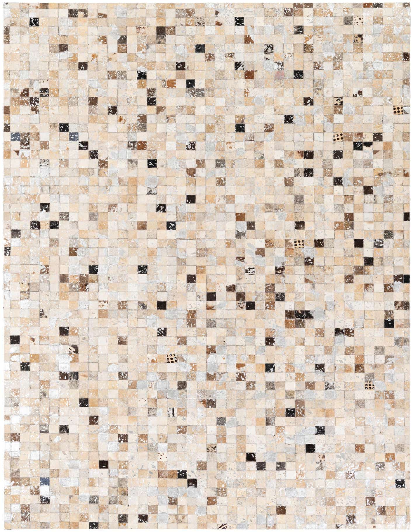 A rectangular 5x8 modern area rug made from multi-colored cowhide and leather squares, perfect for a living room.
