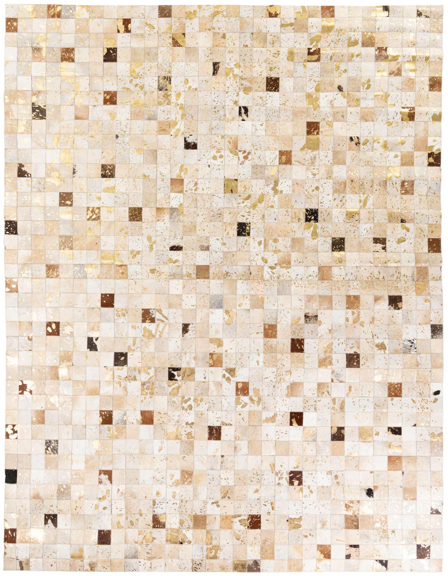A rectangular 8x10 modern cowhide rug featuring a patchwork of multi-colored squares with metallic gold accents, ideal for a living room.