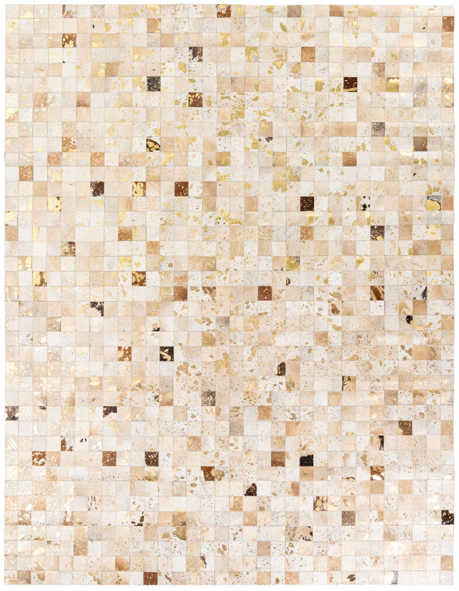 A rectangular 8x10 modern cowhide rug featuring a mosaic of multi-colored squares with gold metallic accents.