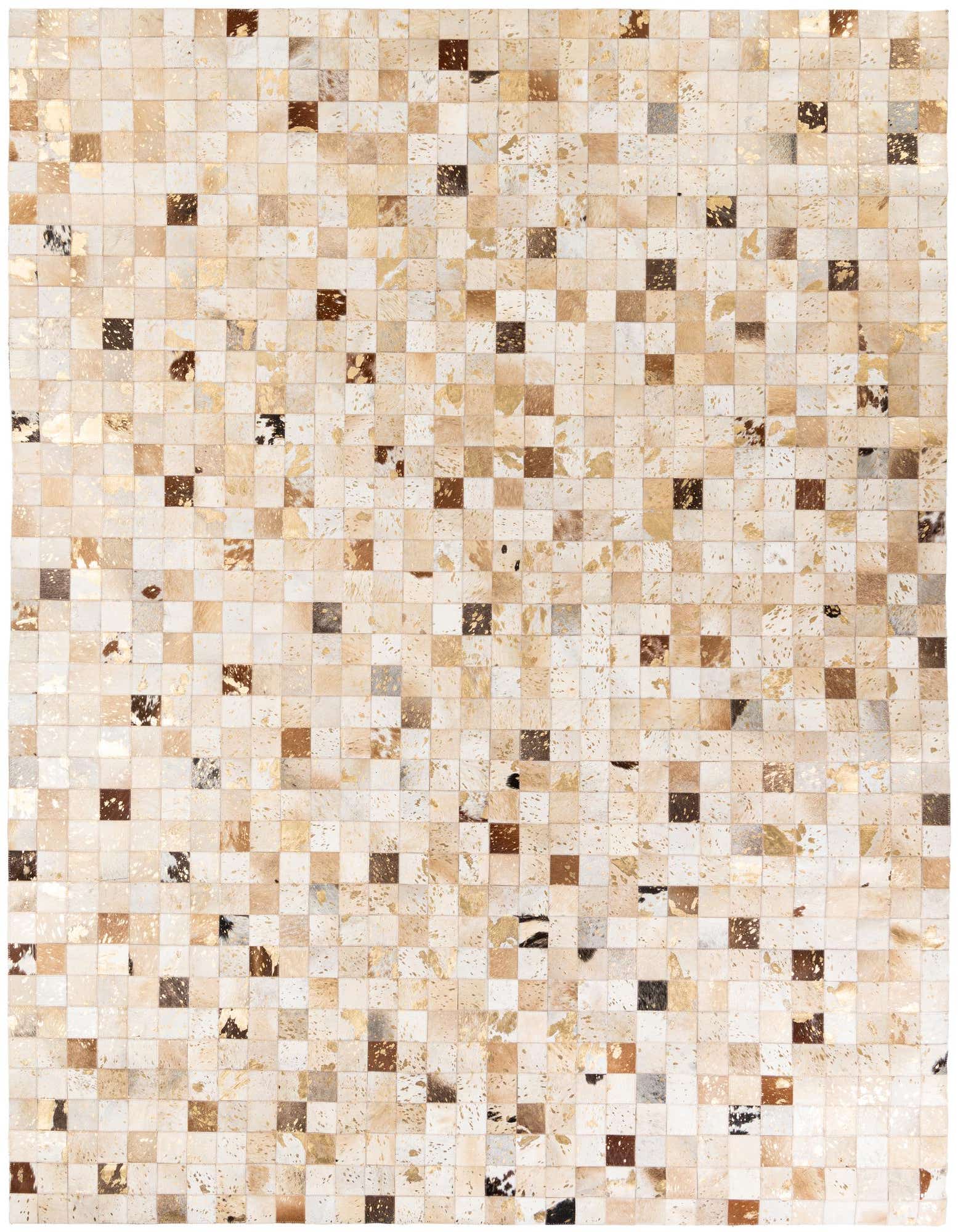 A rectangular 8x10 cowhide rug featuring a modern patchwork design with multi-colored squares in shades of brown, beige, and gold.