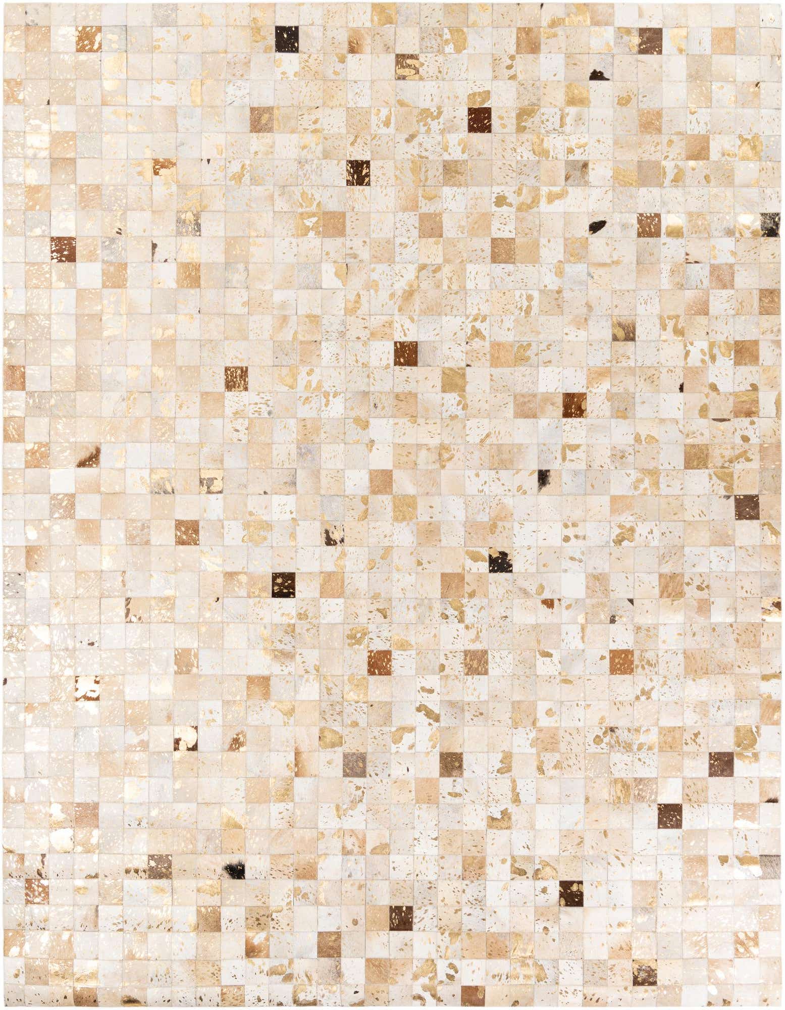 A rectangular 8x10 modern cowhide rug with a mosaic pattern of multi-colored squares in shades of cream, beige, brown, and gold.